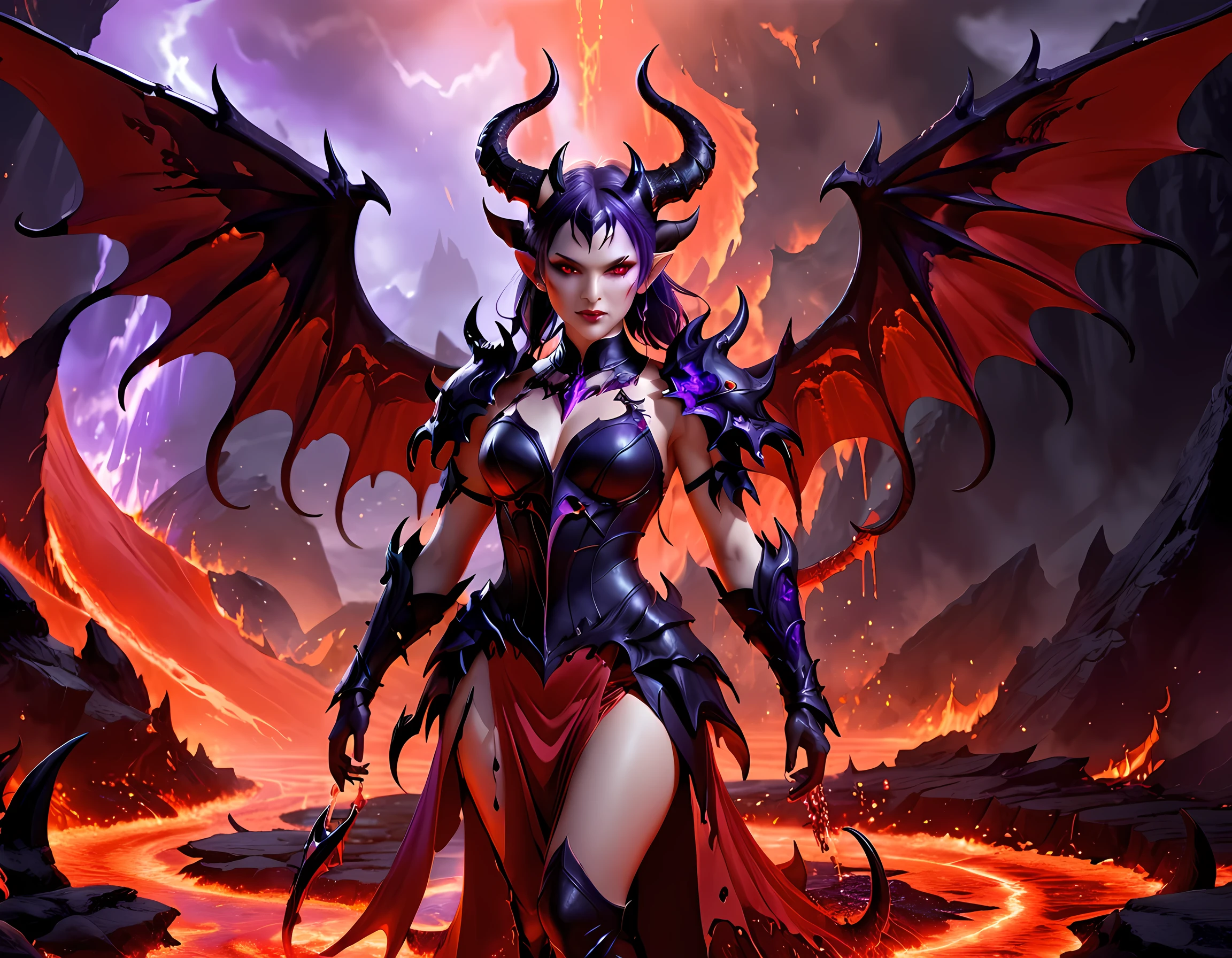 fantasy art, RPG art, masterpiece, a portrait picture o hellish female demon from hell, she has (black horns: 1.2), (black: 1.2) demon wings, (red: 1.3) skin, red lava dripping from her, she wears (white: 1.3) armor, (purple: 1.3) ArmoredDress, streams of rolling lava, hell in the background, 3d rendering, shadow wings