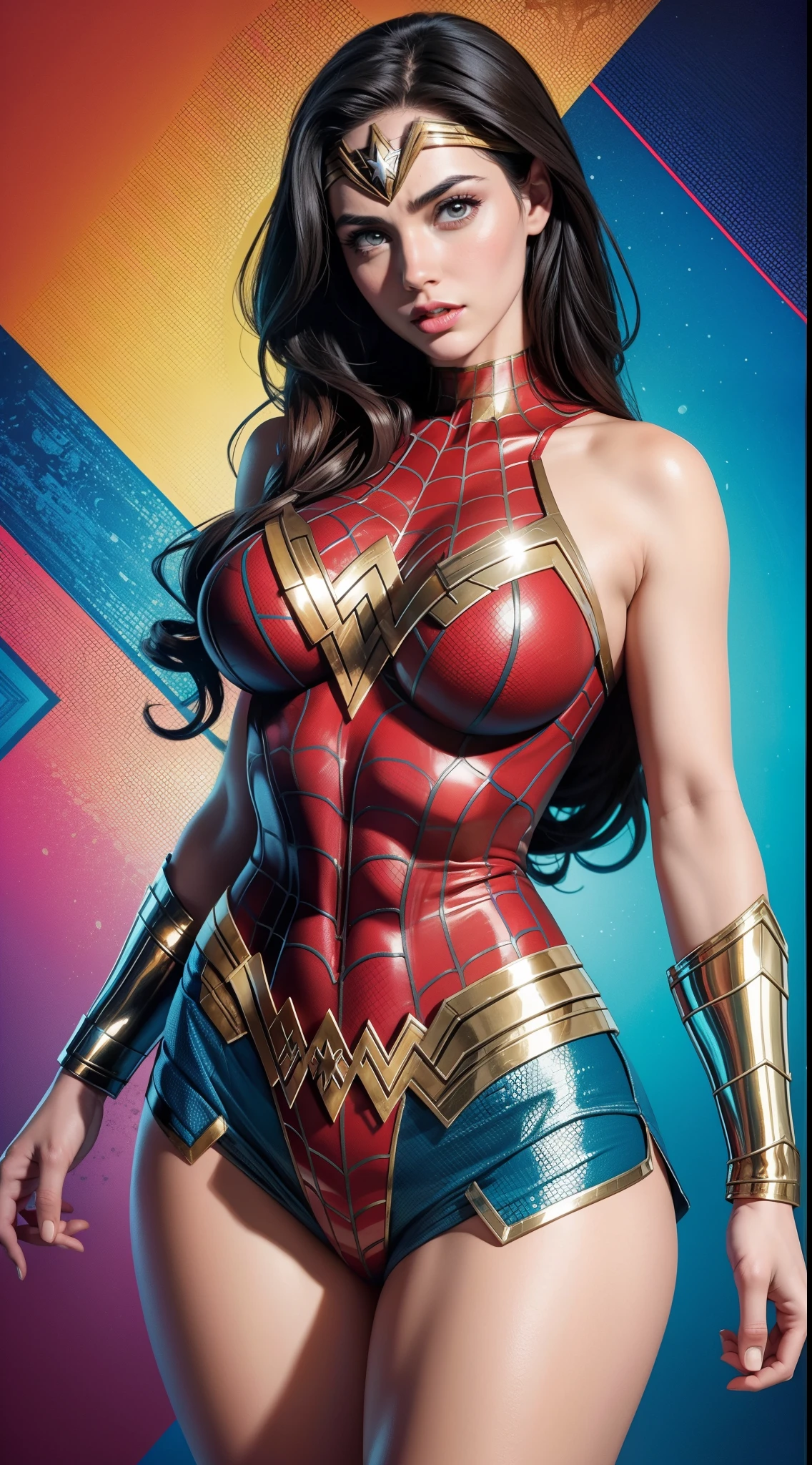 Wonder Woman (big tits) in the style of Spider-Man, masterpiece, best quality, abstract, psychedelic, neon, (honeycomb pattern), (creative:1.3), sy3, SMM, fantasy00d