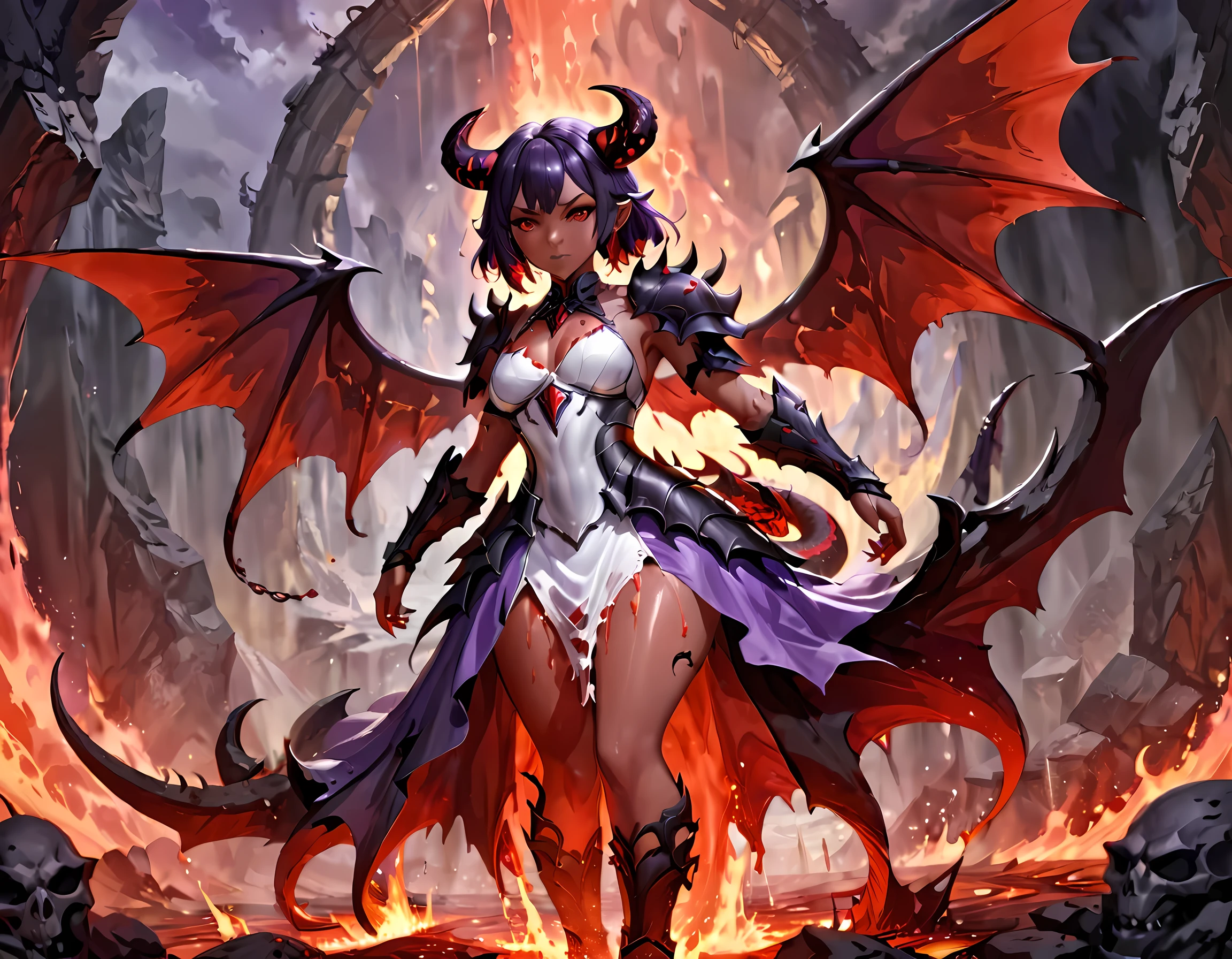 fantasy art, RPG art, masterpiece, a portrait picture o hellish female demon from hell, she has (black horns: 1.2), (black: 1.2) demon wings, (red: 1.3) skin, red lava dripping from her, she wears (white: 1.3) armor, (purple: 1.3) ArmoredDress, streams of rolling lava, hell in the background, 3d rendering, shadow wings