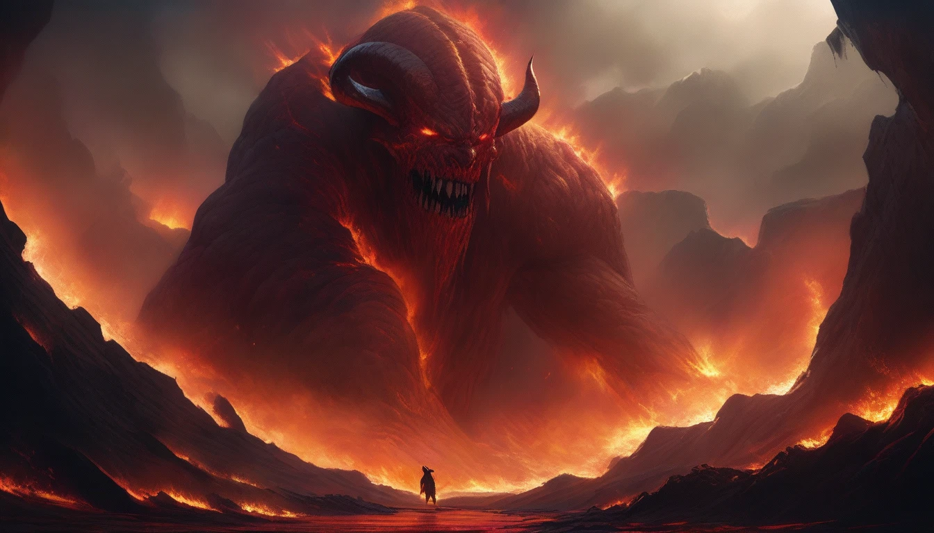 (realistic, high-quality, 4k, detailed:1.2), fantasy, horror, lava demon, enormous monster, diabolic, burning down a village with streams of molten lava shooting from its hands, dark and menacing atmosphere, glowing red eyes, towering over the village, terror-inducing presence, twisted horns, smoky tendrils surrounding its body, terrified villagers fleeing, crumbling buildings, intense heat radiating from the demon's body, ominous shadows, deadly fire raining from the sky, apocalyptic destruction, charred remains, desolation, scorched earth, fiery landscape, epic battle between the demon and brave warriors, desperate struggle for survival, intense action, rich color palette with deep reds, oranges, and blacks, eerie silence broken only by the crackling of flames, epic scale, dramatic composition, dynamic poses, cinematic lighting effects, surreal and nightmarish aesthetics, dark fantasy vibes, lava river, volcano in background