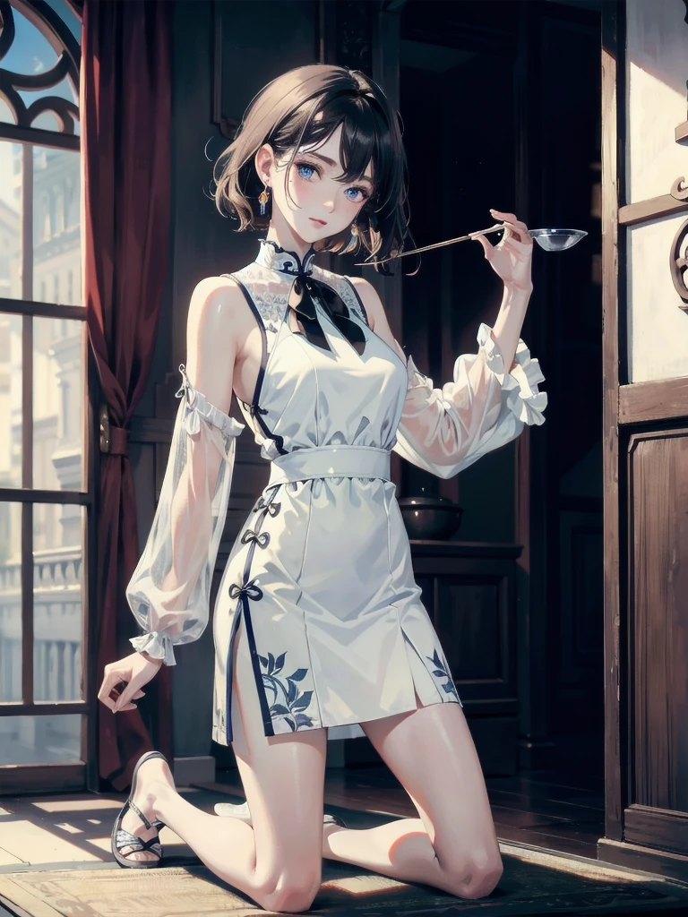 absurdres, RAW photo, extremely delicate and beautiful, masterpiece, Best Quality, ultra high resolution, 32k, hyperrealistic, ultra-detailed, detailed description, pale skin, 20 years old, detailed beautiful face and eyes, tearful mole, earring, Colossal tits, short medium hair, wavy hair, full body shot, alone, cheongsam, halterneck,
