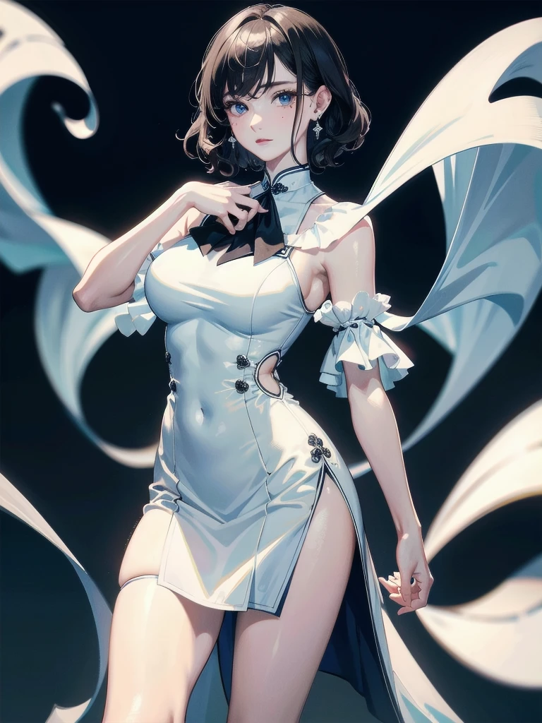 absurdres, RAW photo, extremely delicate and beautiful, masterpiece, Best Quality, ultra high resolution, 32k, hyperrealistic, ultra-detailed, detailed description, pale skin, 20 years old, detailed beautiful face and eyes, tearful mole, earring, Colossal tits, short medium hair, wavy hair, full body shot, alone, cheongsam, halterneck,