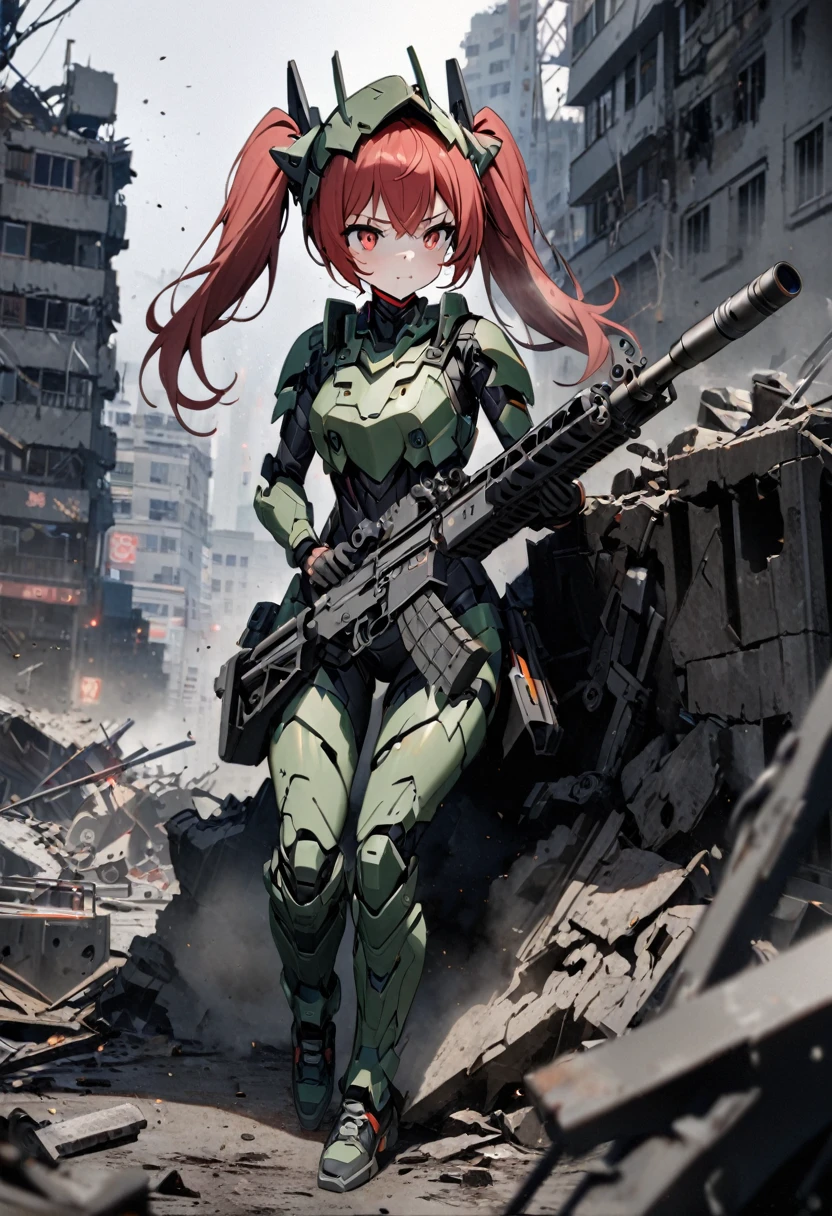High quality, high definition, hig
h precision images,8k 1 Girl Robot Girl、red hair,Twin tails,Red eyes,Robo girl style armor on head.foggy,camouflage robot stylebody armor,city of ruins,Hiding in the wreckage and firing a machine gun,Camouflage color for urban use
