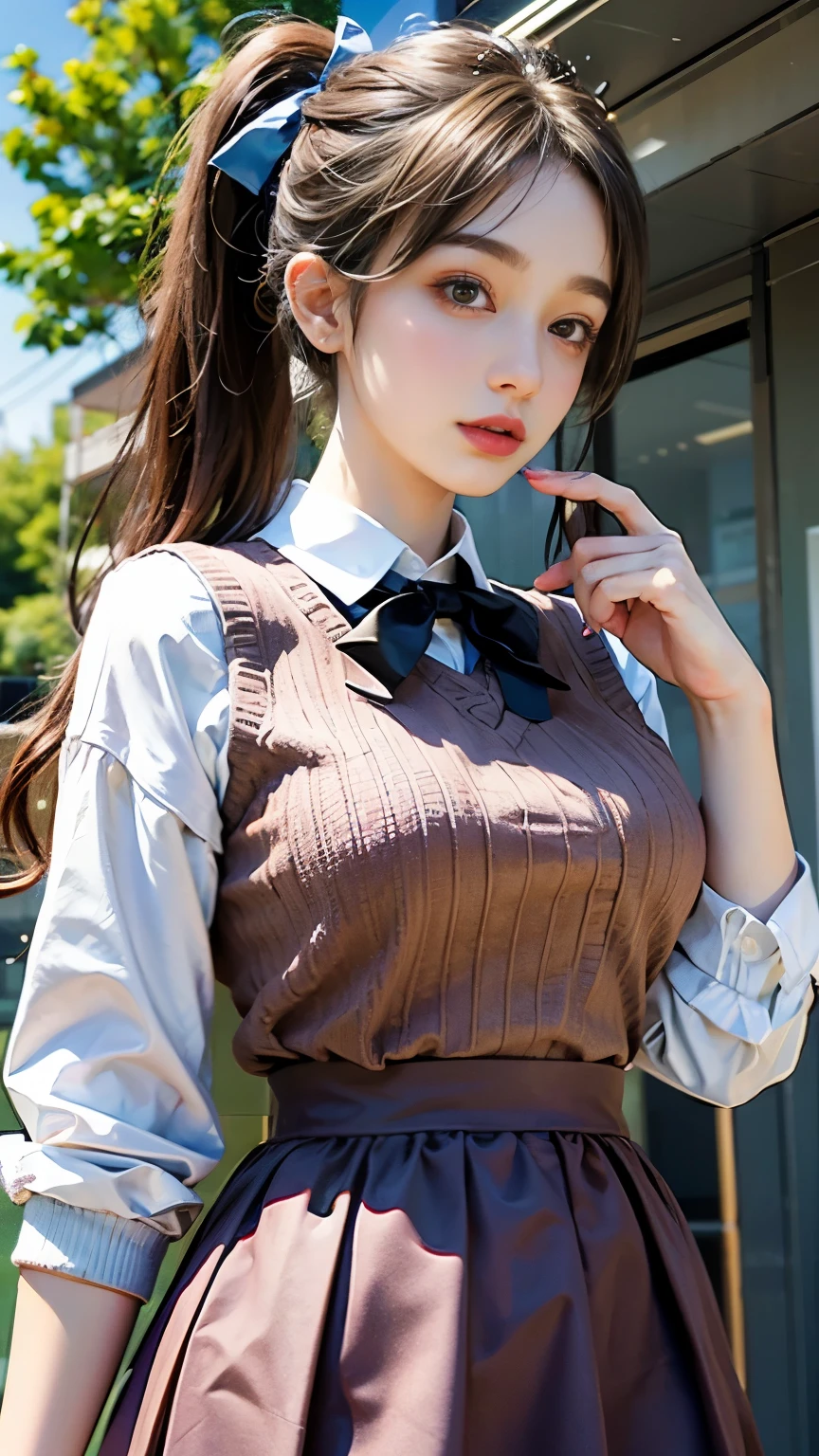 masterpiece, (highest quality), 1 Female,One girl ,One boy,,Kawakami_May, Blonde, Long Hair, Side Ponytail, Purple eyes, Sweater vest, , skirt, Large Breasts,ribbon, hair ribbon, Mole under the eye,Sexy Woman, Embarrassing,blush, Vibrant colors ,,Natural light ,RTTX 10.0, , beautiful, (Detailed face:1.2), Showcase, (Perfect Eyes:1.1) ,(Realistic:1.1), 8K Ultra HD, View your viewers, Outdoor, Simple Background