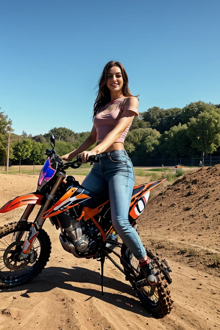 full body shot, wharf scene, a beautiful sexy cyborg woman riding a KTM 450 motocross motorcycle, glamorous shape, shoulder-length, beautiful shiny smooth, light brown hair