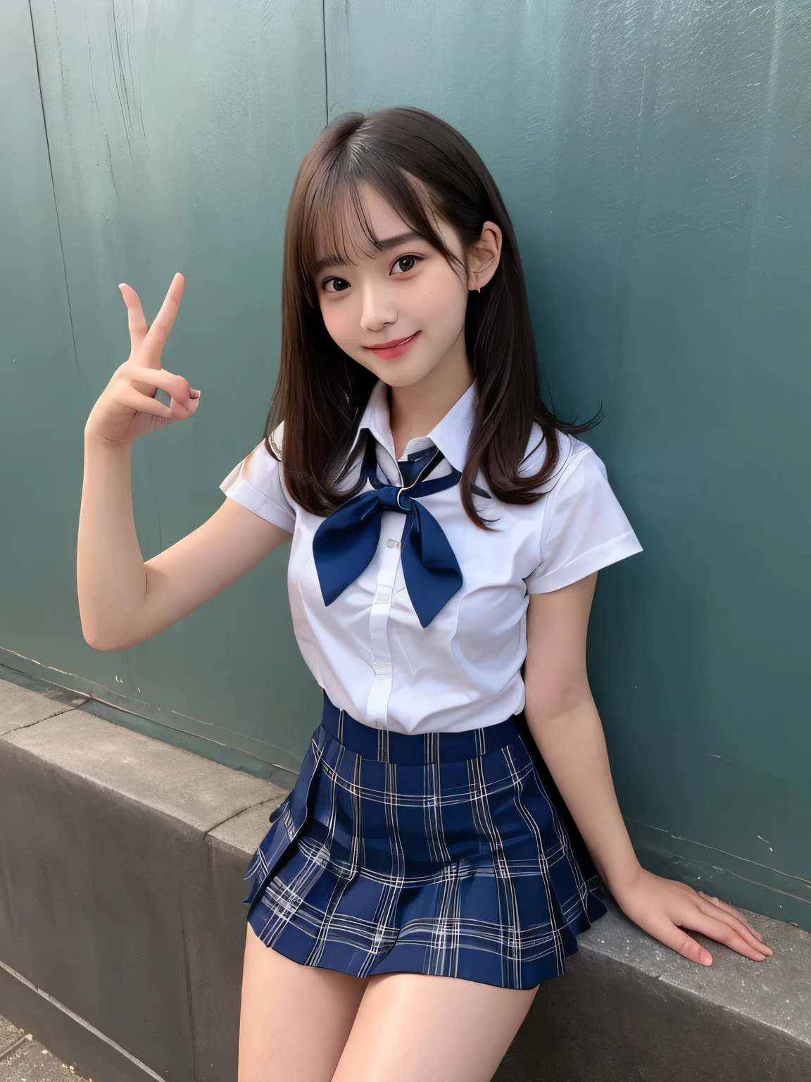 highest quality、figure、 Ultra-detailed、High resolution、8k wallpaper、Perfect dynamic composition,、Beautiful fine details、Natural color lip、Bold sexy pose、smile、17-year-old girl、cute、sexy shot looking at camera、(highest quality: 1.3), (masterpiece: 1.3), (Super Detail: 1.3), (One Girl: 1.1), (Detailed hands and fingers:1.2)、(Ultra-oily, lustrous skin with attention to detail:1.1)、Oily shiny knee socks、(The perfect school girl uniform:1.3)、Short sleeve dress shirt、(Navy Blue Sleeveless :1.2)、(Beautiful shapely small breasts:1.3)、(Dark blue plaid mini skirt:1.2)、Sit with your legs apart、Brown Hair、short hair、Twin tails、Beautiful sister、Pink wall
