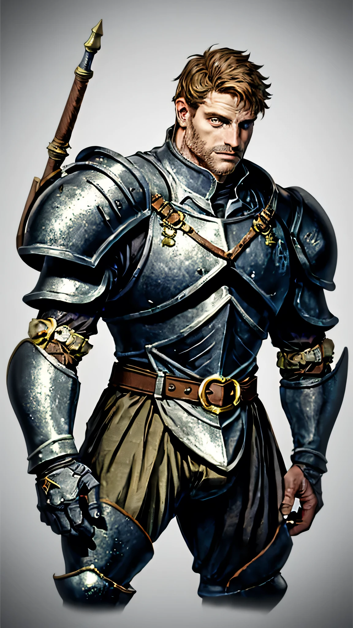 Magic tough manly warrior in medieval minimalist armor , square shaped armour, colourful warm design, dragon's dogma 2 style. 