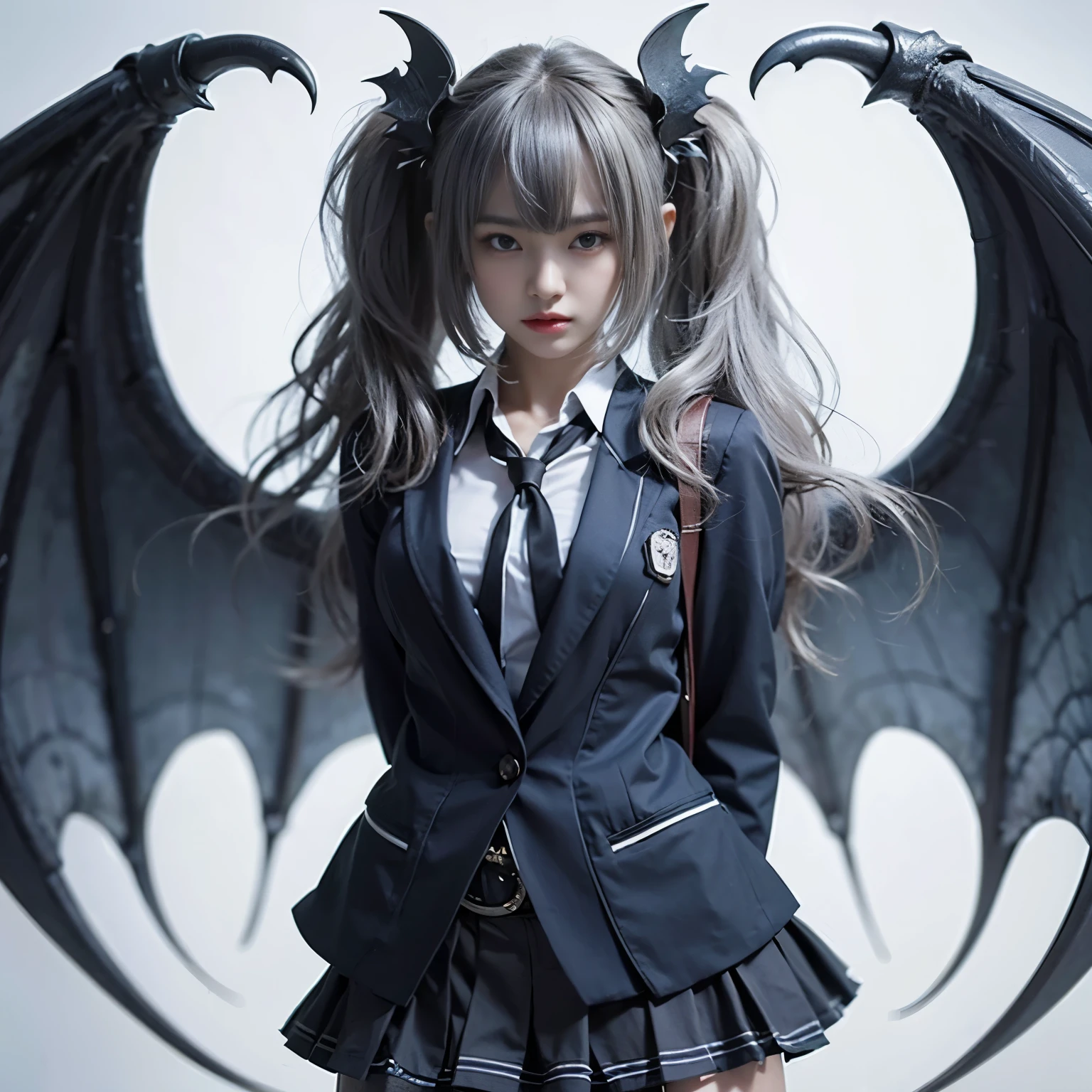 masterpiece、highest quality、8k、Extremely realistic photos、cool、Sharp Eye、Slit eyes、tooth、Double teeth、Japanese women、Very beautiful face、Sailor suit、student、Dark Skin、Gray Hair、short hair、gloss々Texture、Large bat wings、Extremely intricate details、Professional Lighting、Sexy pose