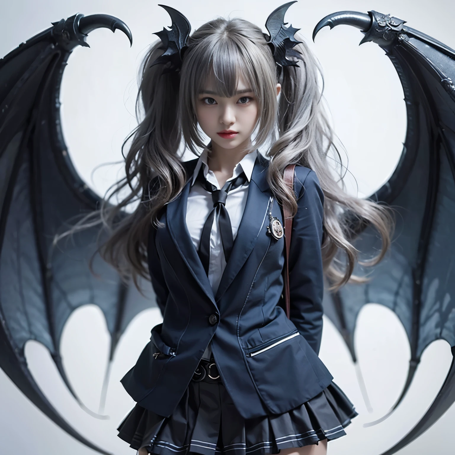 masterpiece、highest quality、8k、Extremely realistic photos、cool、Sharp Eye、Slit eyes、tooth、Double teeth、Japanese women、Very beautiful face、Sailor suit、student、Dark Skin、Gray Hair、short hair、gloss々Texture、Large bat wings、Extremely intricate details、Professional Lighting、Sexy pose