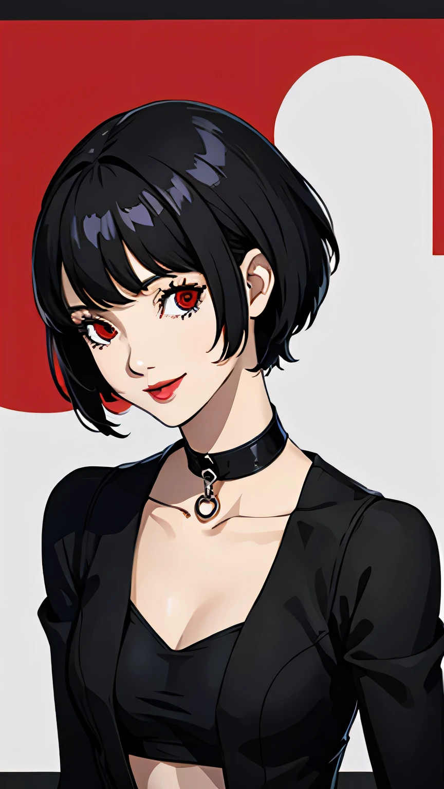 1 girl, red eyes, very Short hair, black choker, lipstick, half body, smile, black hair, small breast