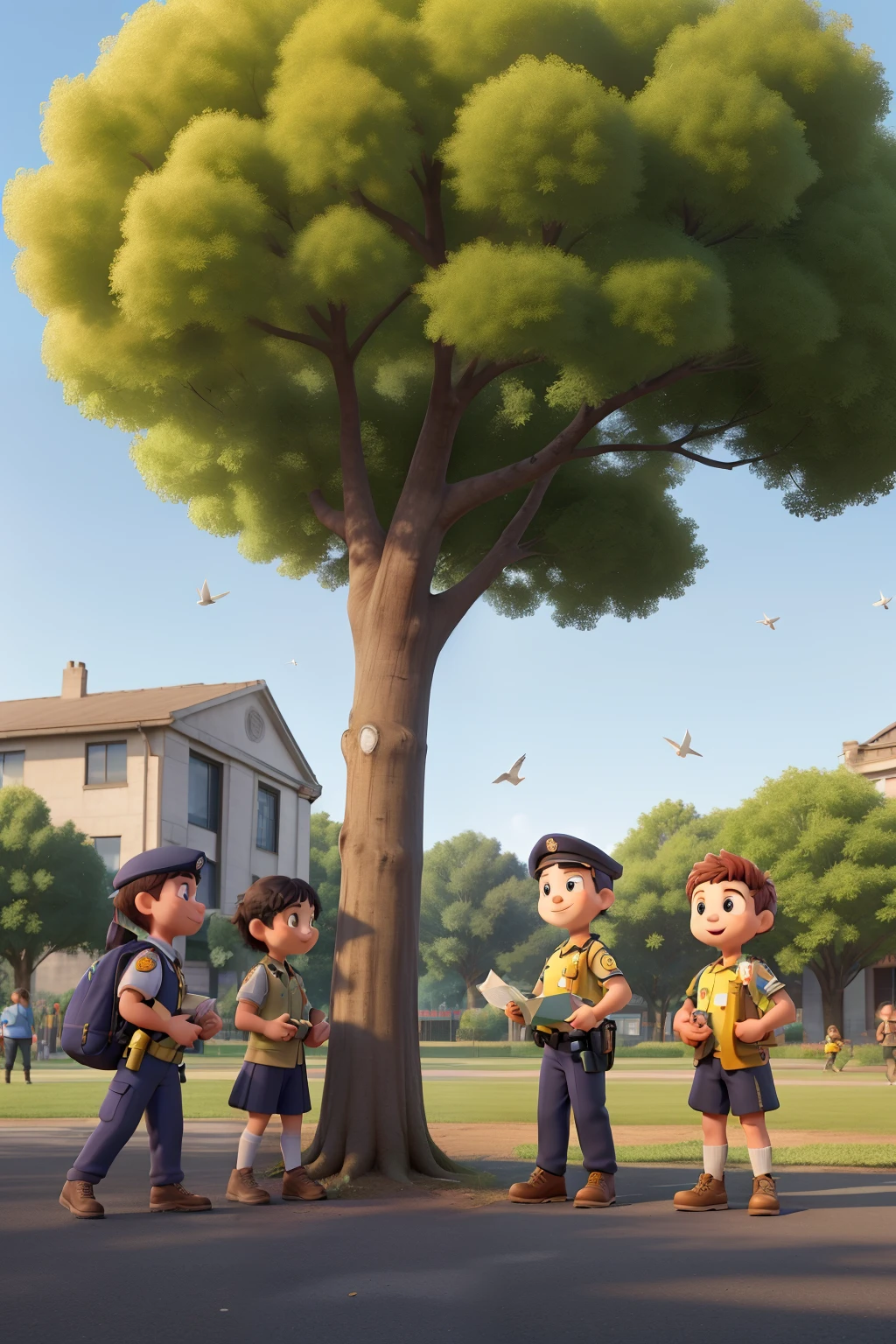 (A peaceful and welcoming setting, talvez um parque ou uma escola, with children and young people interacting harmoniously with military police officers in uniform. Eles podem estar envolvidos em atividades educacionais, como uma aula ao ar livre, uma oficina de arte ou esportes. Ao fundo, symbols of peace and education, como livros, white doves flying or a tree of peace. The focus would be on positive collaboration between the school community and the military police to promote a culture of peace through education and dialogue.