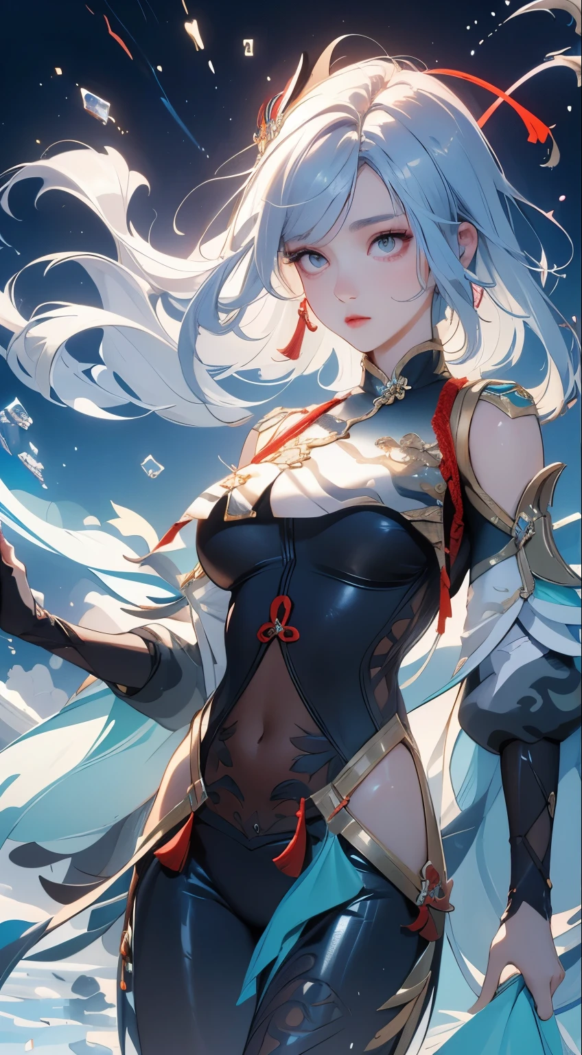 (masterpiece, Highest品質, Highest, Official Art, beautifully、beautiful, Long exposure、Realistic: 1.4), Smooth movement, Fascinating patterns, (((shenhe(genshin impact):1.5))))1 girl, No shoulders, Chinese Girl, (Long white hair、Chinese knot), Portraiture, alone, Thin legs、(Chests wrapped in tights、 A white cloth is hung.)Malaise, (Ultra Wide Angle, gaze observer, Detailed Background, Detailed face, Wind Spirit, Spinning wind, Controlling the wind,Suspended particles, Spiritual Power, whirlwind, vapor, whirlwind in background, White Tone, whirlwind, Mysterious atmosphere), black crystal costume, Dynamic pose,