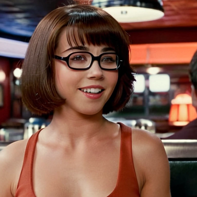 1 woman smiling, closeup, at a diner,  velmasdxl, glasses, cinematic lighting, best quality,  brown bob cut, focus on eyes, small breasts, nude body, saliva on breasts,