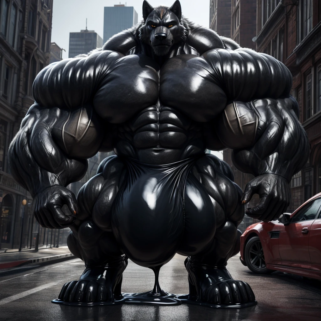 (corruption)), jeans,,solo,unreal engine,perfect light,detailed, photorealistic, 4k, hd, good anatomy, high quality, best quality, concept art, photorealistic, (very hyper muscles:1.4)(hyper pecs)(long thick thighs:1.3)(Huge bulge:1.3),wolf,City,High-rise,car,(liquid_latex)),,goo transformation,(gooey)