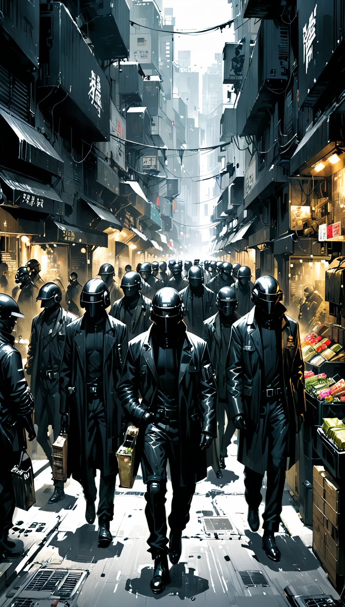 in style of Ashley Wood,the black market in the backstreets of a cyberpunk big city,(many black-clad traders followed:1.9),men in black,many people,