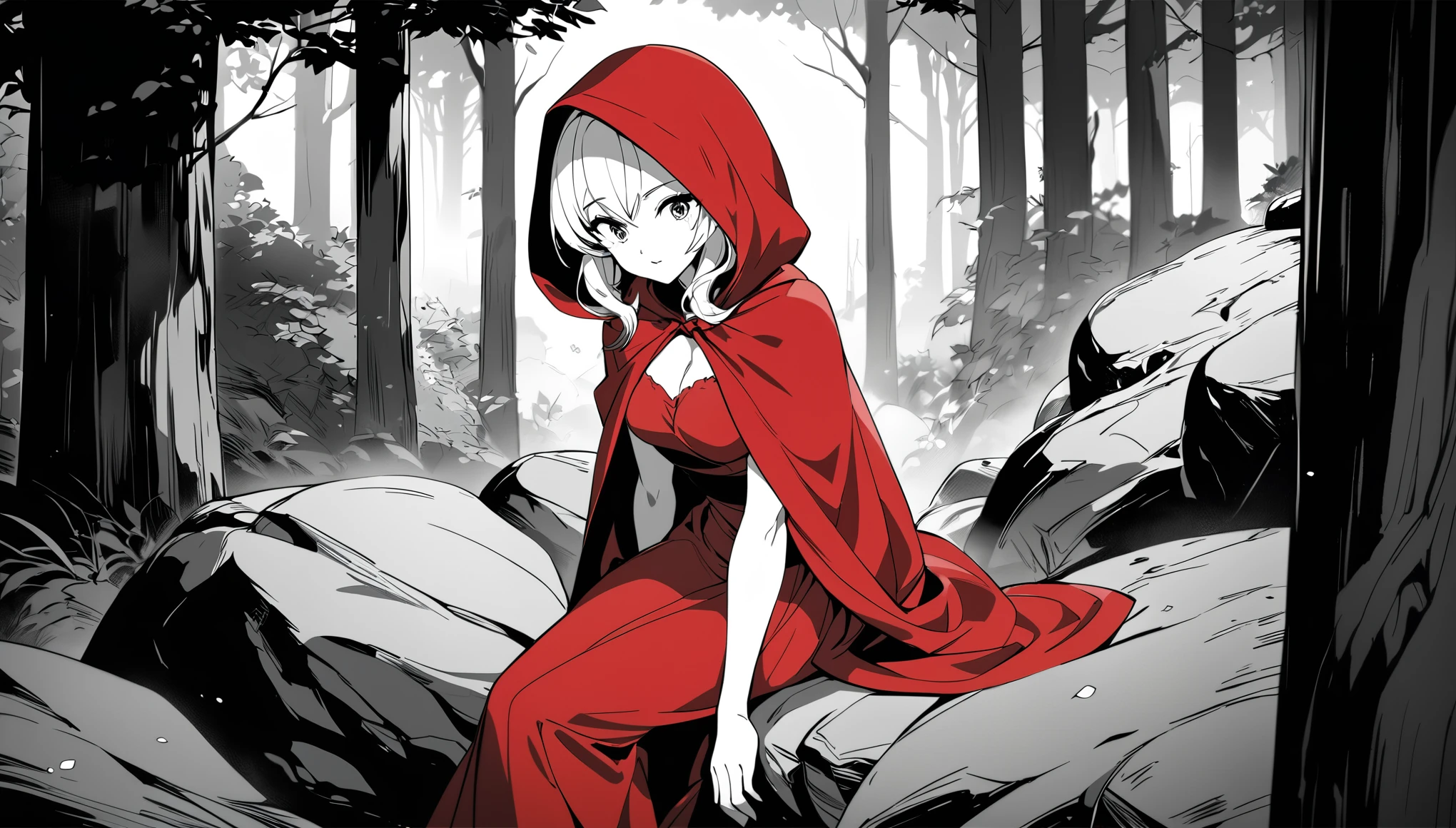 top quality, best quality, highres, unparalleled masterpiece, perfect artwork, anime girl in red riding hood sitting on rock in forest,pixiv, fantasy art, grayscale photo with red dress, red riding hood, dressed in a beautiful red cloak, little red riding hood, thief red riding hood, beautiful anime art style, high quality anime art, high quality anime artstyle, at pixiv, monochrome,