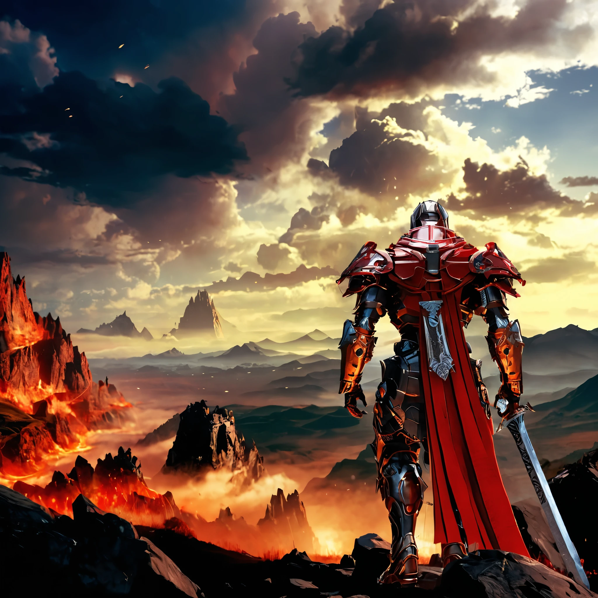 arafed knight standing on a mountain with a sword in his hand, ares with heavy armor and sword, fantasy art of doom slayer, knight armored in red, darksiders art style, unreal engine fantasy art, fantasy warrior in full armor, epic fantasy art style hd, unreal engine 4k wallpaper, strong fantasy knight, epic fantasy sci fi illustration