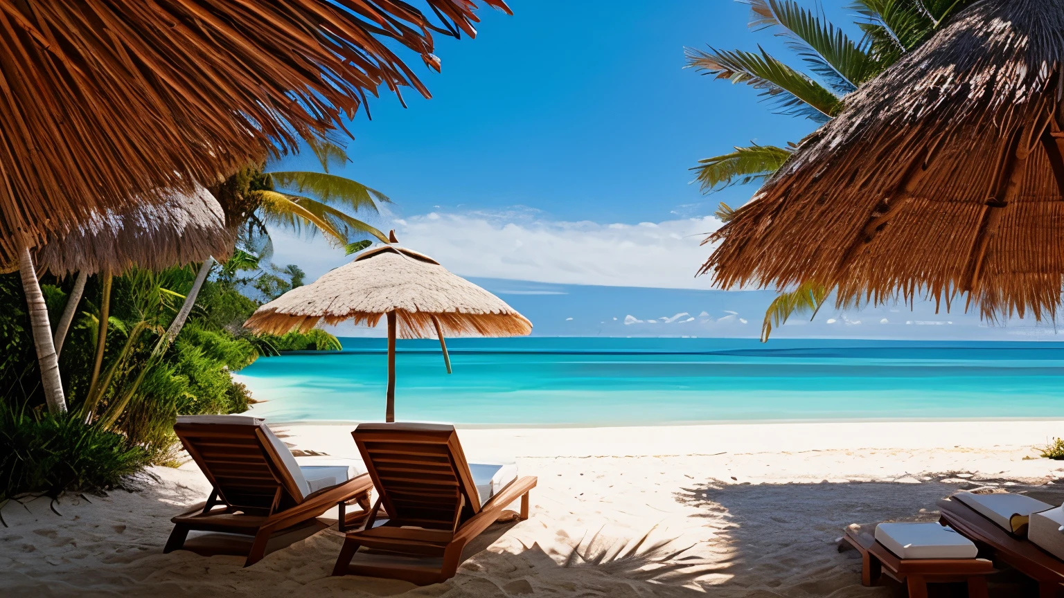 Serene Beachside Relaxation: Imagine a serene setting on a secluded part of a Philippine beach at midday. The focus is on a beautifully crafted bamboo lounge chair and a matching small table, standing under a large, woven shade umbrella. The fine, white sand surrounds the furniture, and the turquoise ocean extends into the horizon under a clear blue sky. The scene should be captured with the depth and detail of a Hasselblad camera, highlighting the textures of the bamboo and the smoothness of the sand, all in perfect, even lighting.