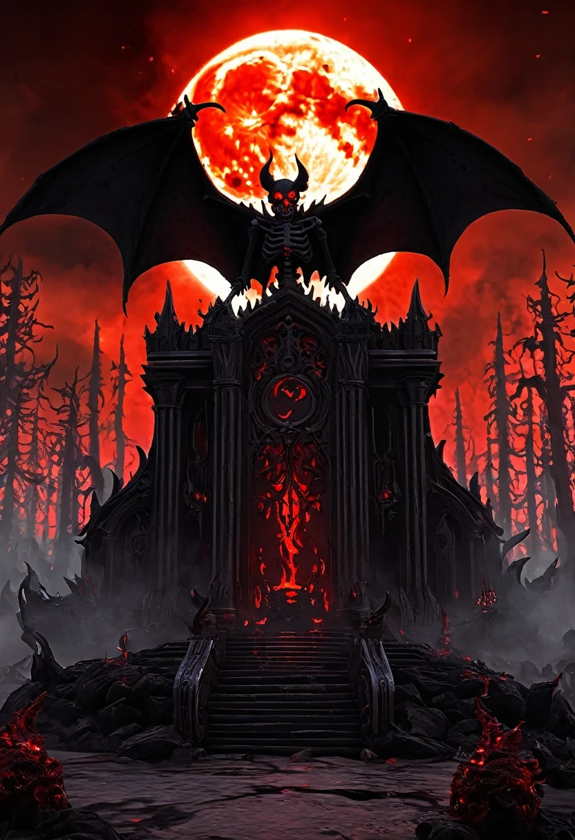 Lava Hell,Dark Lava Overlord,Nether lava mobs,A giant lava demon,masterpiece:1.2,Super detailed,Gothic art,Gloomy atmosphere,Ominous red color scheme,Majestic throne,flying bats,Mark of the Lava Demon,Beautiful forest,crimson fire,Ominous eyes pierce the red moon,Stealth figures,ethereal mist,Ominous spell,Skeleton Legion,Hot sulfur,ruthless minions,Summoning Portal,Fascinating Spellbook,Supernatural creatures emerging from the shadows,Ominous moonshine,The cracked earth reveals a fiery abyss,Hellish building,enchanted weapons,Scarred face,Blood red breath,Witch's Lava.