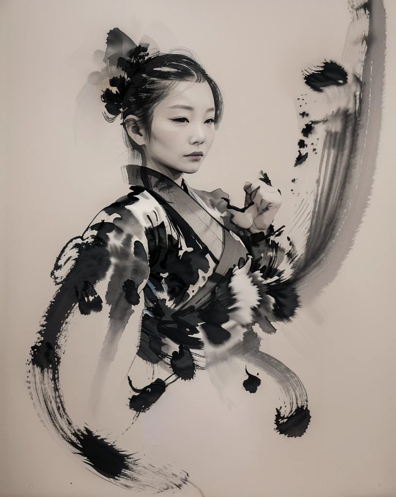 zydink, monochrome, ink sketch, asian (middle age woman), fighting stance, looking at viewer, long hair, floating hair, hanfu, chinese clothes, long sleeves, (abstract ink splash:1.2), white background
