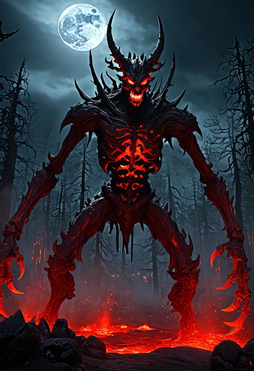 Lava Hell,Dark Lava Overlord,Nether lava mobs,A giant lava demon,masterpiece:1.2,Super detailed,Gothic art,Gloomy atmosphere,Ominous red color scheme,Majestic throne,flying bats,Mark of the Lava Demon,Beautiful forest,crimson fire,Ominous eyes pierce the red moon,Stealth figures,ethereal mist,Ominous spell,Skeleton Legion,Hot sulfur,ruthless minions,Summoning Portal,Fascinating Spellbook,Supernatural creatures emerging from the shadows,Ominous moonshine,The cracked earth reveals a fiery abyss,Hellish building,enchanted weapons,Scarred face,Blood red breath,Witch's Lava.