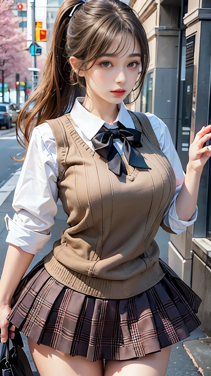 masterpiece, (highest quality), 1 Female,One girl ,One boy,,Kawakami_May, Blonde, Long Hair, Side Ponytail, Purple eyes, Sweater vest, , skirt, Large Breasts,ribbon, hair ribbon, Mole under the eye,Sexy Woman, Embarrassing,blush, Vibrant colors ,,Natural light ,RTTX 10.0, , beautiful, (Detailed face:1.2), Showcase, (Perfect Eyes:1.1) ,(Realistic:1.1), 8K Ultra HD, View your viewers, Outdoor, Simple Background