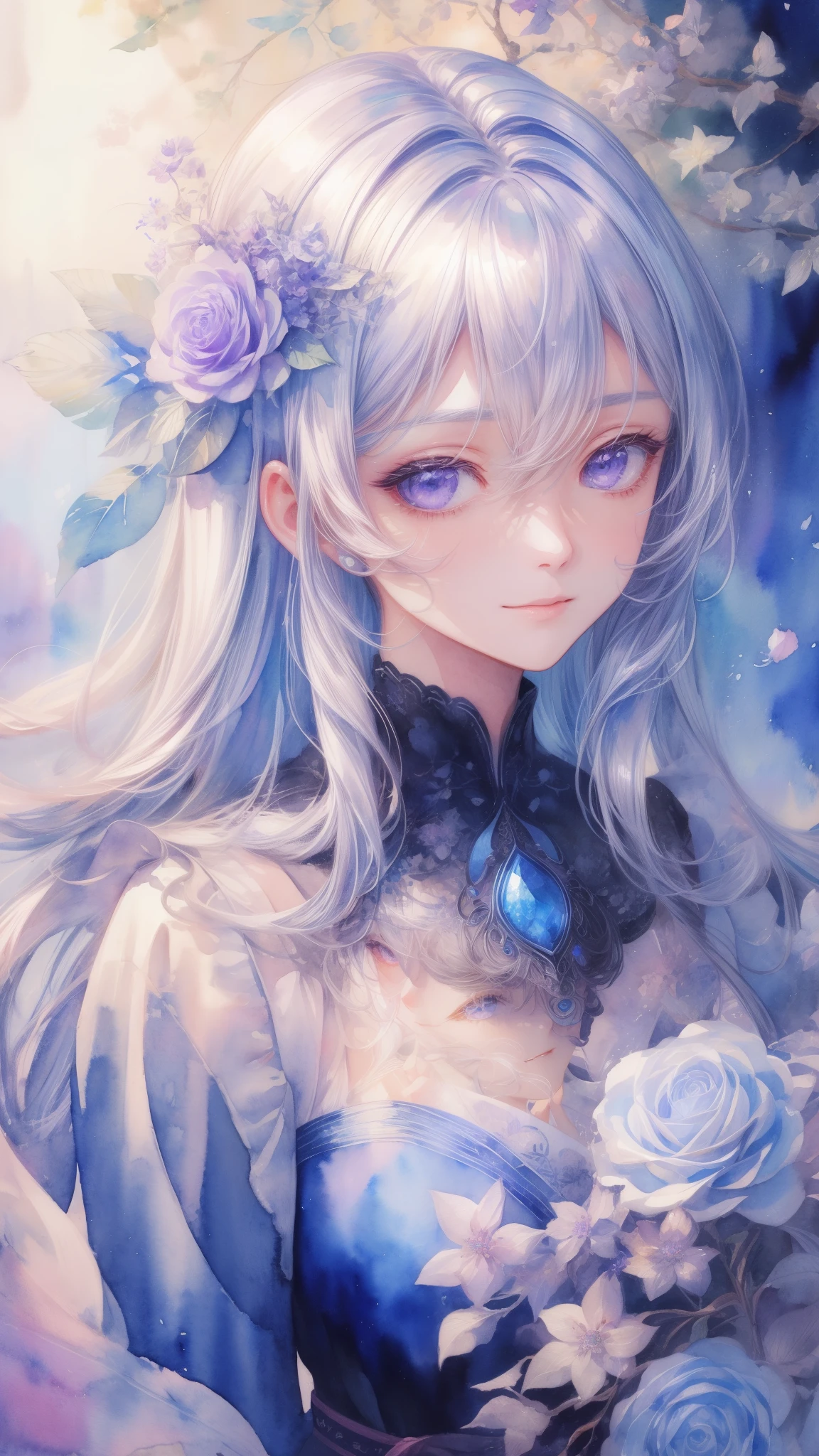 best pictures、illustration、detail、(watercolor painting:1.4)、(Hand Painted:1.2)、(Watercolor brush bristles)、 ​Masterpiece: 1.7, top quality、solo、ish、sketch、paper texture、ultra high resolution、extra detaild face、Highly detaild eyes、flat color、limited pallet、high contrast、realistic、best lighting、welcome、beautiful、goblin、a mature woman、beautiful woman、purple jewel eye, silver shiny hair、straight long hair、Long hair with visible forehead、sexy longbangs,blue gemstone、a little smile、Blanche:1.5、(Zentangle、mandala、dispute、twist:1)、flowers in background、many flowers,upper body