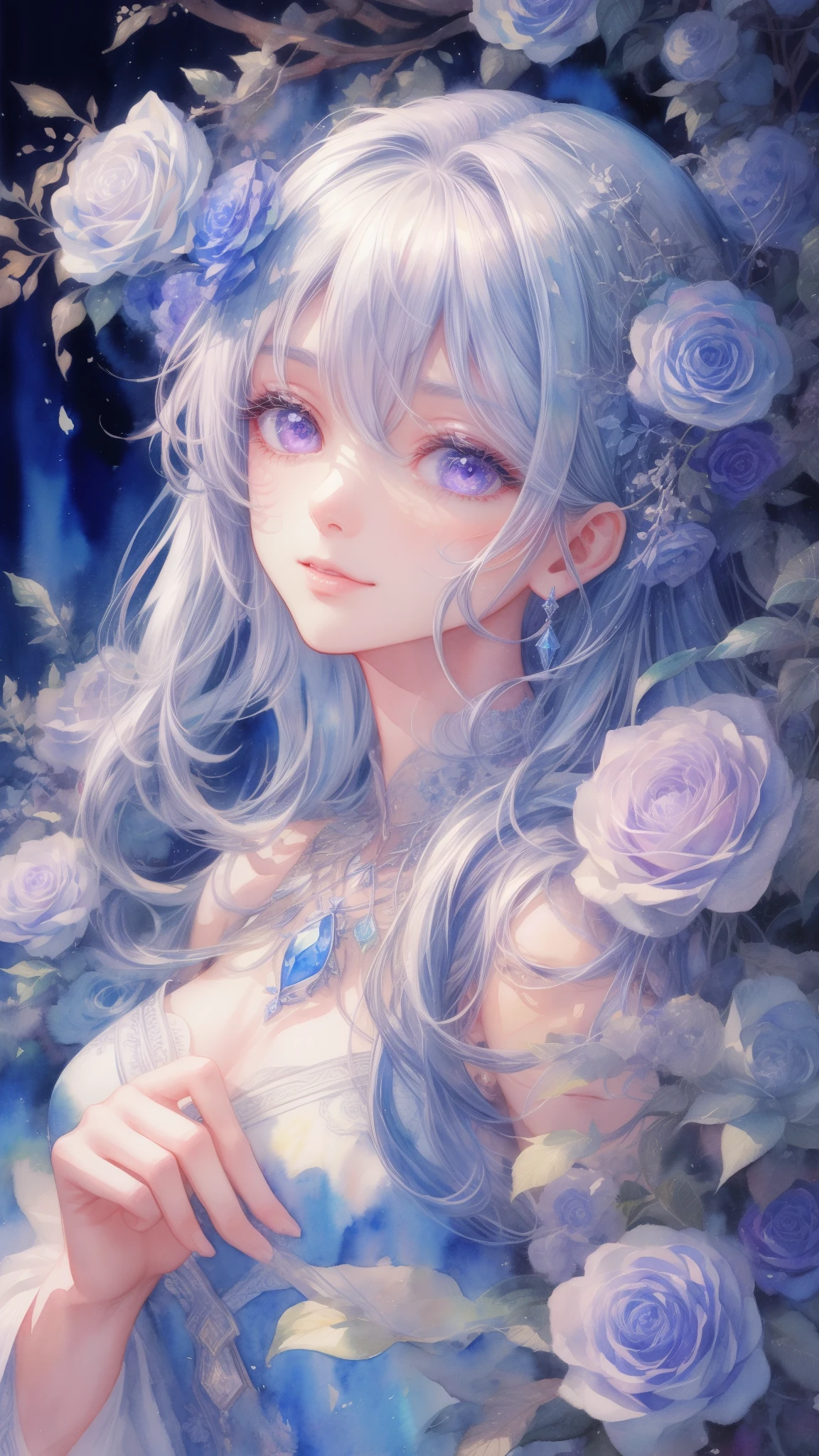 best pictures、illustration、detail、(watercolor painting:1.4)、(Hand Painted:1.2)、(Watercolor brush bristles)、 ​Masterpiece: 1.7, top quality、solo、Show your back、ish、sketch、paper texture、ultra high resolution、extra detaild face、Highly detaild eyes、flat color、limited pallet、high contrast、realistic、best lighting、welcome、beautiful、goblin、a mature woman、beautiful woman、purple jewel eye, silver shiny hair、straight long hair、sexy long bangs,blue gemstone、a little smile、Blanche:1.5、(Zentangle、mandala、dispute、twist:1)、flowers in background、many flowers,upper body