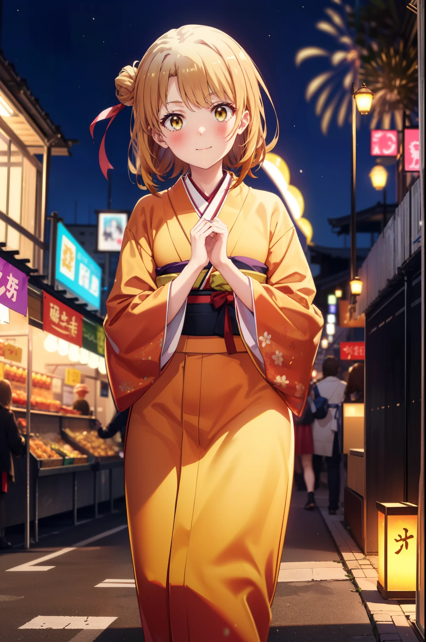 irohaisshiki, Iroha Isshiki, long hair, Brown Hair, (Brown eyes:1.5), Hair Bun, single Hair Bun,smile,Yellow kimono,Thick sleeves,Yellow hakama,White tabi,Sandals,日本のFestivalり,夏Festivalりの屋台,Red lantern,Fireworks in the night sky、Fireworks,The place is a fireworks display,Time is night,sunny day,whole bodyがイラストに入るように,歩いている
break outdoors, Festival,
break looking at viewer,whole body,
break (masterpiece:1.2), highest quality, High resolution, unity 8k wallpaper, (figure:0.8), (Beautiful fine details:1.6), Highly detailed face, Perfect lighting, Highly detailed CG, (Perfect hands, Perfect Anatomy),