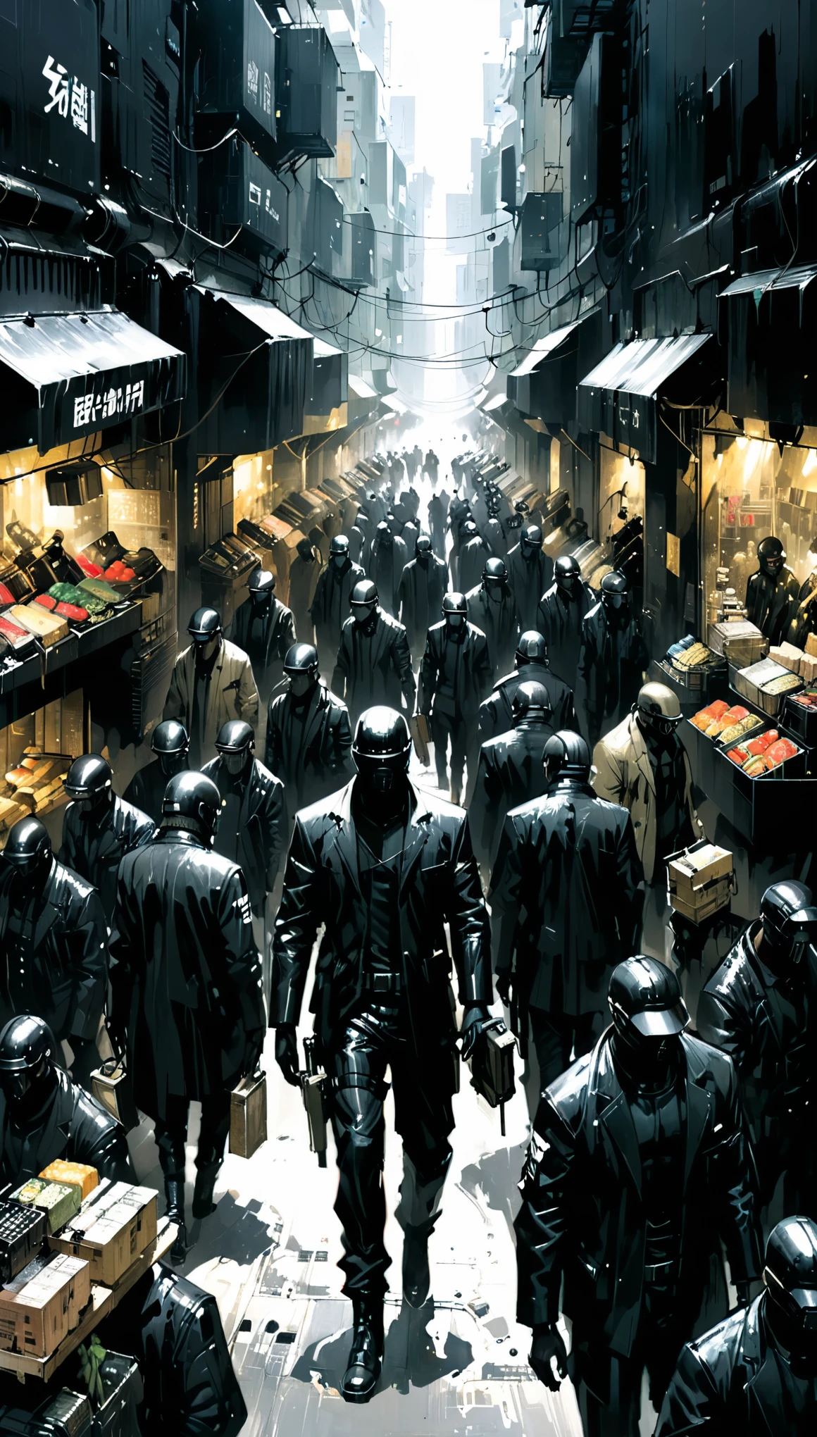 in style of Ashley Wood,the black market in the backstreets of a cyberpunk big city,(many black-clad traders followed:1.9),men in black,many people,solo_focus,