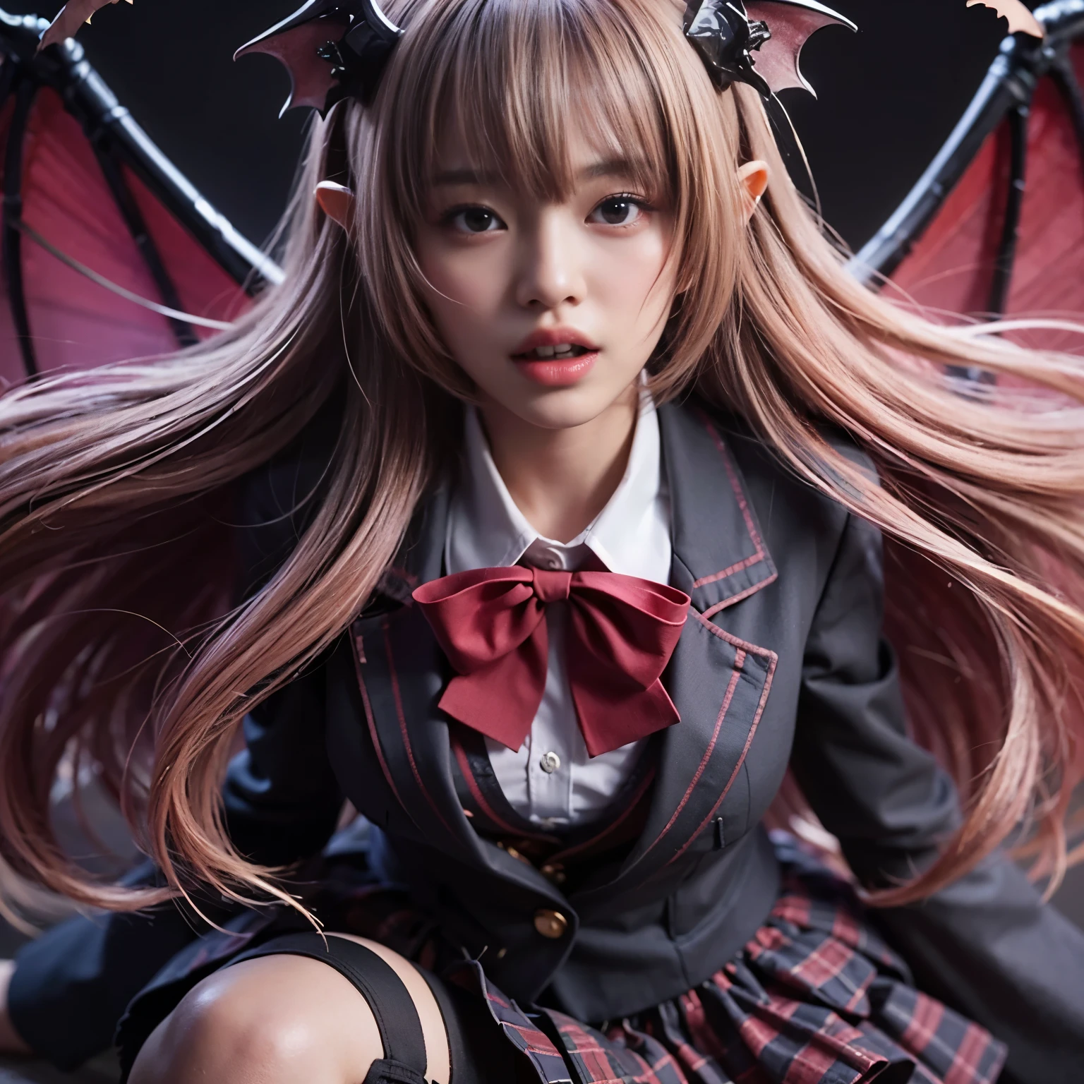 masterpiece、highest quality、8k、Extremely realistic photos、cool、Sharp Eye、Slit eyes、tooth、Double teeth、Japanese women、Very beautiful face、Sailor suit、student、Dark Skin、Gray Hair、short hair、gloss々Texture、Large bat wings、Extremely intricate details、Professional Lighting、Sexy pose