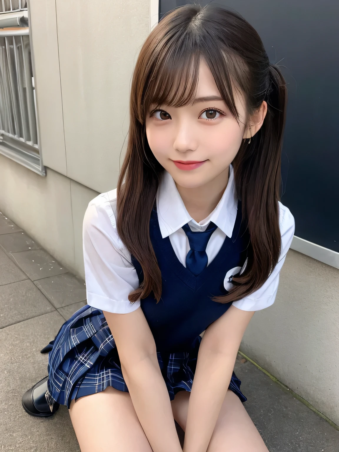 sexy、Slim body、highest quality、figure、 Ultra-detailed、High resolution、8k wallpaper、Perfect dynamic composition,、Beautiful fine details、Natural color lip、Bold sexy pose、smile、16-year-old girl、cute、Sexy shot looking at the camera、(highest quality: 1.3), (masterpiece: 1.3), (Super Detail: 1.3), (One Girl: 1.1), (Detailed hands and fingers:1.2)、(Ultra-oily, lustrous skin with attention to detail:1.1)、Oily shiny knee socks、(The perfect school girl uniform:1.3)、Short sleeve dress shirt、(Navy Blue Sleeveless :1.2)、(Beautiful shapely small breasts:1.3)、(Dark blue plaid mini skirt:1.2)、Sit with your legs apart、Brown Hair、short hair、Twin tails、Beautiful sister、Pink wall