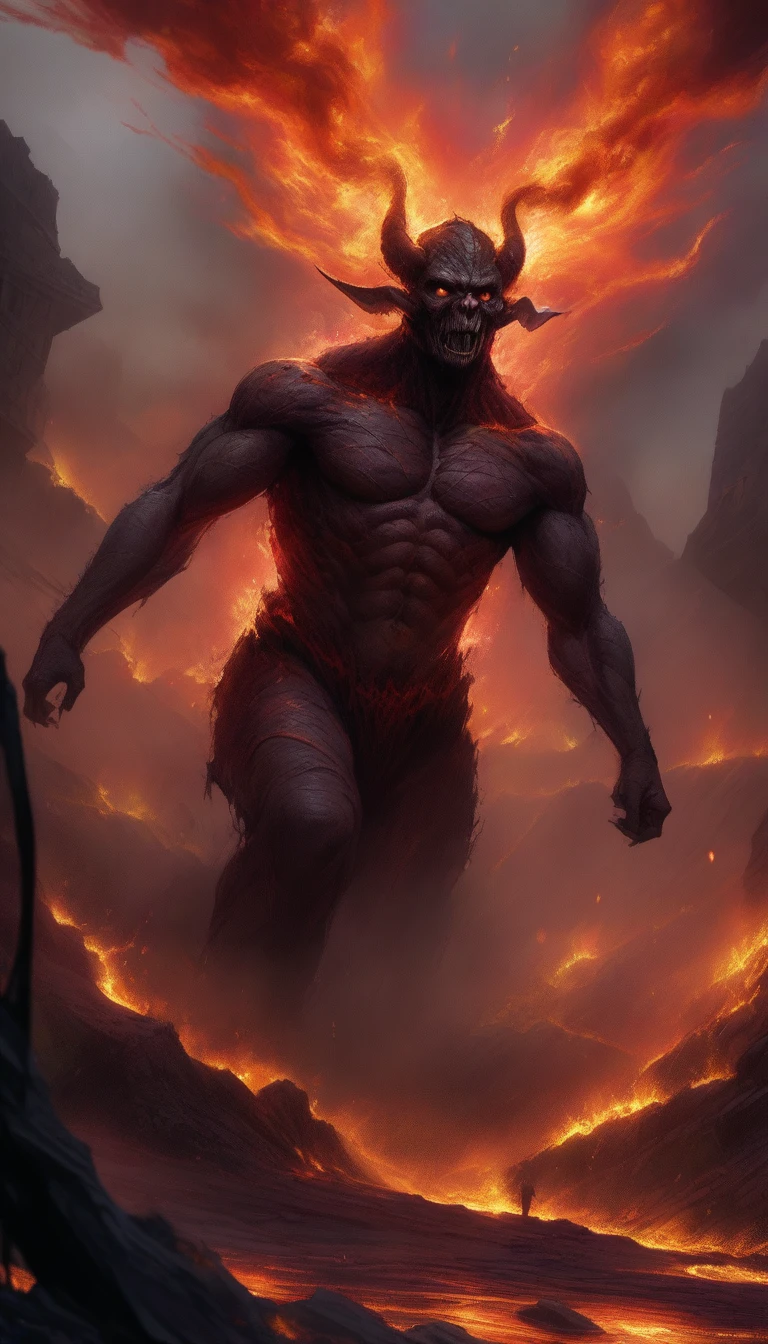 (realistic, high-quality, 4k, detailed:1.2), fantasy, horror, lava demon, enormous monster, diabolic, burning down a village with streams of molten lava shooting from its hands, dark and menacing atmosphere, glowing red eyes, towering over the village, terror-inducing presence, twisted horns, smoky tendrils surrounding its body, terrified villagers fleeing, crumbling buildings, intense heat radiating from the demon's body, ominous shadows, deadly fire raining from the sky, apocalyptic destruction, charred remains, desolation, scorched earth, fiery landscape, epic battle between the demon and brave warriors, desperate struggle for survival, intense action, rich color palette with deep reds, oranges, and blacks, eerie silence broken only by the crackling of flames, epic scale, dramatic composition, dynamic poses, cinematic lighting effects, surreal and nightmarish aesthetics, dark fantasy vibes, lava river, volcano in background