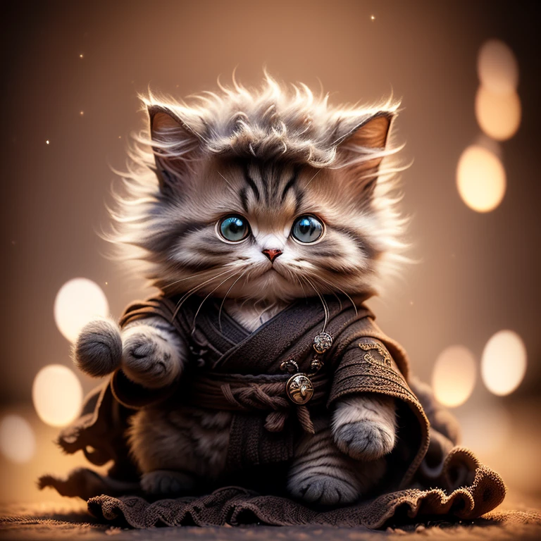(highest quality,Very detailed,Realistic,photoRealistic:1.37),A shaggy cat dressed in a Star Wars Jedi uniform,Adorable,soft,fuzzy,Playful,expressive brown eyes,small, rounded body,Small feet,Detailed Jedi robe with brown fabric and hood,Japanese sword,Light Side of the Force,Galaxy Background,Vibrant colors,Warm lighting,