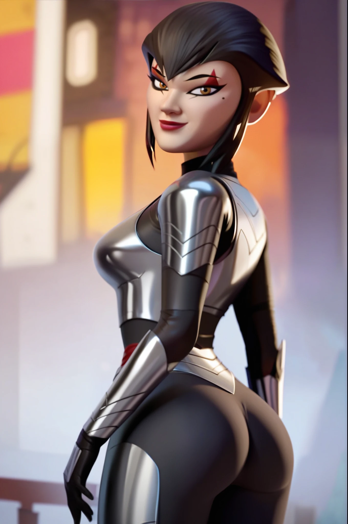 1girl, solo, kara1, black short hair, brown eyes, makeup, a mole under the eye, red face paint, metallic armor, standing, ass, looking at viewer, smile, high quality, score_9, score_8_up, score_7_up