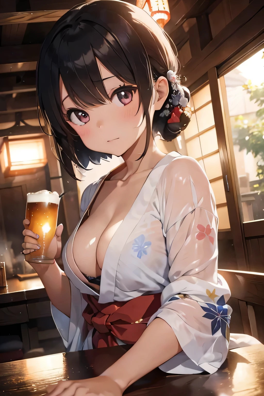 1 girl in a traditional Japanese yukata, reclining with a carefree expression, dead drunk, holds a glass of frothy beer in her right hand, cleavage gently spilling out, encircled in a warm, dimly lit room, the ambiance filled with the soft tones of a Japanese jazz score, music notes dancing in the air, creating an intimate, sultry atmosphere, captivating the viewer's heart, just like a painting by the renowned artist, Yasuhide Fukuoka.