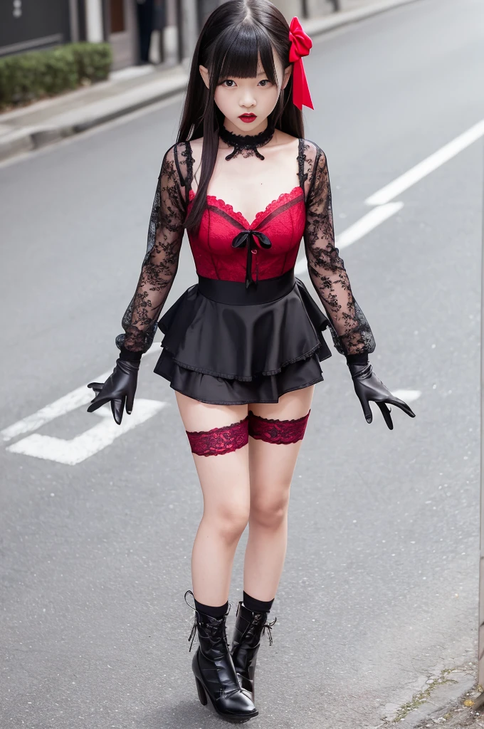 A slender 10-year-old Japanese girl with bright red lips is standing in the day street, Full body images、Seduce you with gothic fashion, Black lace blouse、(Blouse shirt with red ribbon on the chest)、((Wearing red lace gloves)), solo, I'm 10 years old , Photos taken by a professional photographer, There are no adults in this room.., Seductive makeup, Vampire Makeup, (Baby Face:1.2), infant, Skinny body, , Asian, Dominator, Stiletto heels, garter belt, Sexy gloves, Bondage Fashion, Small choker, Black lace, Highly detailed face, Very nice teeth, Highly detailed lips, Highly detailed mouth, Shiny Hair, Shiny skin, Fair skin, 4K, Photo Real, Very realistic, masterpiece