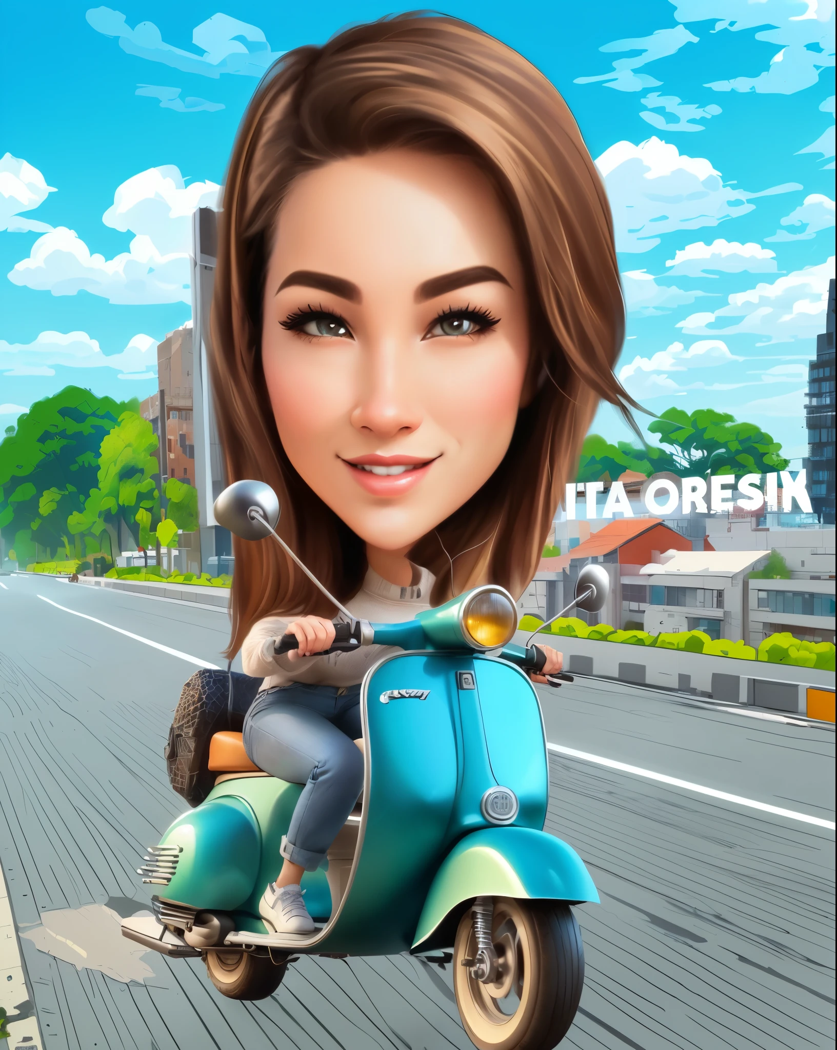cartoon woman riding a scooter on a city street, caricature illustration, cartoon artstyle, caricature style, realism artstyle, cartoon style illustration, cartoon digital painting, in cartoon style, cartoon digital art, digital art cartoon, cartoon art style, 3 d cartoon, cartoon art, caricature!!!, in style of digital illustration, inspired by Rudy Siswanto, realistic cartoon