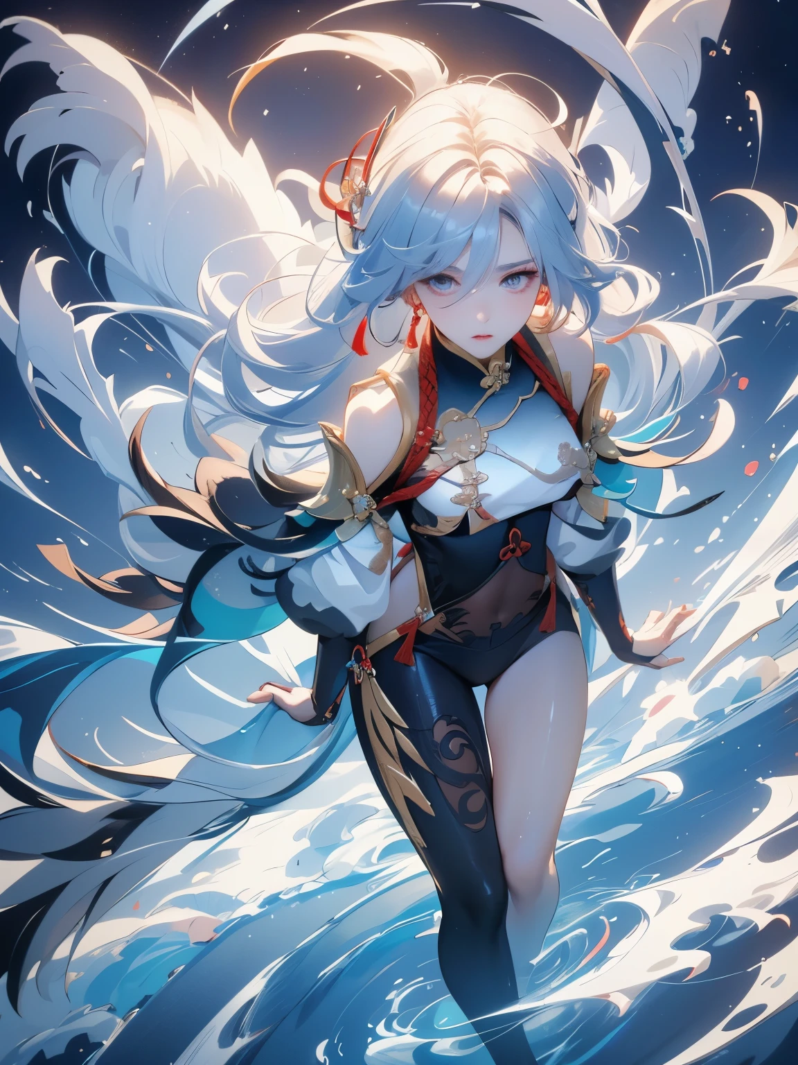 ((Image above the knee:1.4))(masterpiece, Highest品質, Highest, Official Art, beautifully、beautiful, Long exposure、Realistic: 1.4), Smooth movement, Fascinating patterns, (((shenhe(genshin impact):1.5))))1 girl, No shoulders, Chinese Girl, (Long white hair、Chinese knot), Portraiture, alone, Thin legs、(Chests wrapped in tights、 A white cloth is hung.)Malaise, (Ultra Wide Angle, gaze observer, Detailed Background, Detailed face, Wind Spirit, Spinning wind, Controlling the wind,Suspended particles, Spiritual Power, whirlwind, vapor, whirlwind in background, White Tone, whirlwind, Mysterious atmosphere), black crystal costume, Dynamic pose,