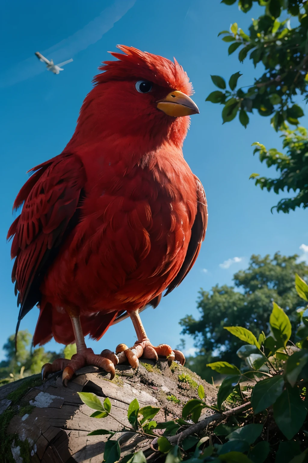 A bird similar to the Angry Birds red bird looks like in a cartoon, against the background of the forest and the sky