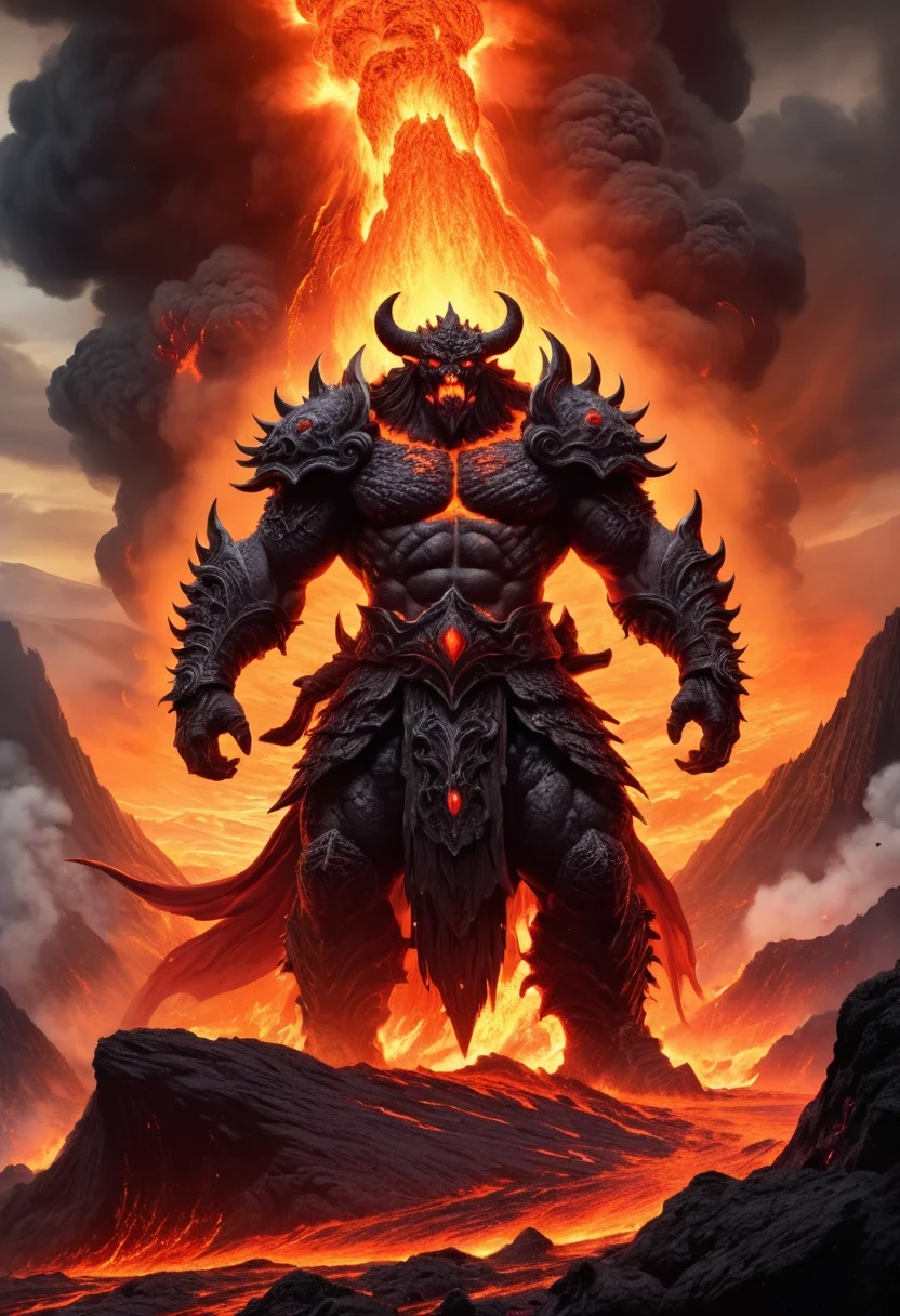 A heavily armed warrior descended from the sky，Doomsday landscape，Large-scale volcanic eruption，Flame sputtering，Lava，eruptive，A demon&#39;s face emerged from the smoke，Nuclear barrage，detergent，hydrosphere，（Implications：1.0）、Epic creation、Realistic lighting、High definition details、masterpiece、best quality，（Highly detailed CG Unity 8k wallpaper）