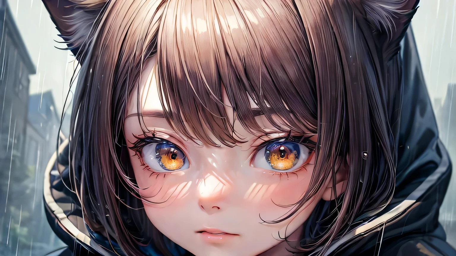 (oil, masterpiece, highest quality, Super detailed, Focus on the characters), Cat ear、10 year old girl、Face close-up、Hiding his ears、Detailed facial expression depiction，Detailed hair depiction,([return:0.8]|[ face facing returnwards:1.1]), Large raincoat,(Rainy Town Scenario:1.2]|[ ground:1.3]| [High Contrast:1.1])  