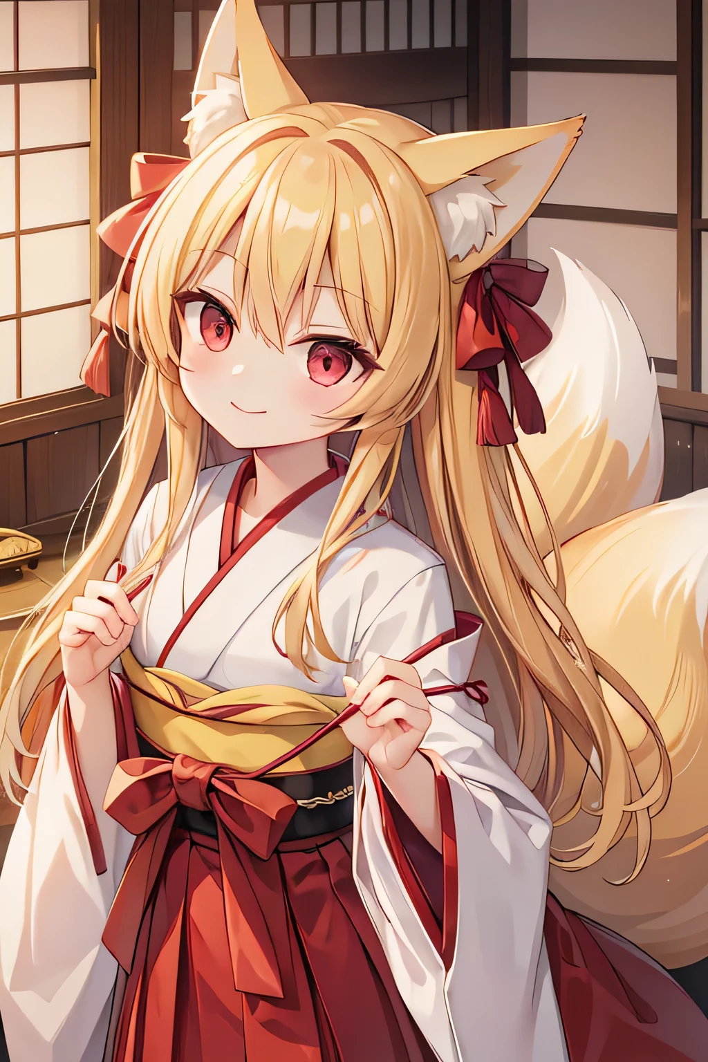 highest quality、smile、Holding a bow、Fox ears、Long blonde、Red Eye、Japanese-style room