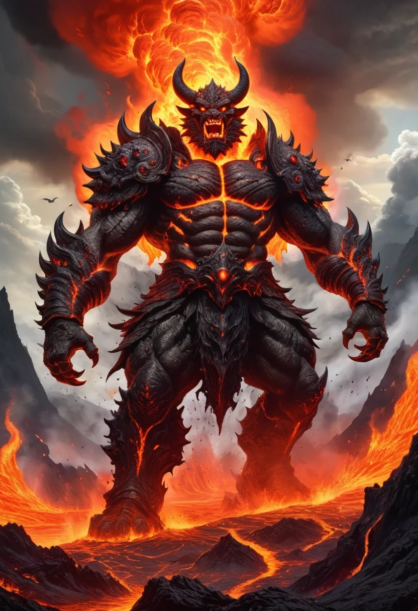 A heavily armed warrior descended from the sky,Doomsday landscape,Large-scale volcanic eruption,Flame sputtering,Lava,eruptive,A demon's face emerged from the smoke,Nuclear barrage,detergent,hydrosphere,(Implications:1.0)、Epic creation、Realistic lighting、High definition details、masterpiece、best quality,(Highly detailed CG Unity 8k wallpaper)
