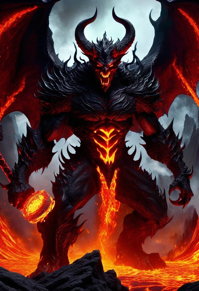 (high quality, detailed, Practical:1.37), (fear, dark, Diabolical) (1 demon,Its body is made of lava.:1.5)。Lava Demon and Demon Knight fight in Hell's Court. A bride, (quilt locked; quilt; boundary) Standing high, With flowing lava, Lava Falls, crack, Between viscous liquids (skull, skeleton) Scattered on the ground.Connects the shoulder blade and ankle