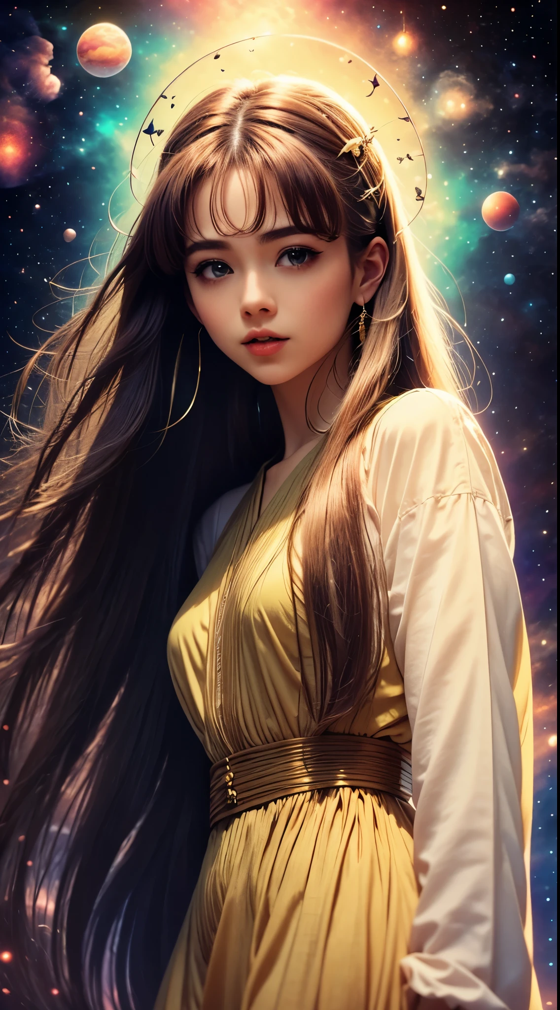 (best quality,uhd,masterpiece:1.2),ultra-detailed,(realistic,photorealistic,photo-realistic:1.37),1 girl,ginger hair,beautiful detailed eyes,beautiful detailed lips,extremely detailed eyes and face,long eyelashes,closeup,full body,long hair,yellow eye mask,green dress,green eyes,yellow gloves,psychic,on a mystical planet,floating in the air,glowing magical aura,enchanted forest background,butterflies and fireflies fluttering around,soft sunlight streaming through the trees,vibrant colors,magical plants and flowers,golden rays of light,powerful energy surrounding the girl,calm and serene expression,cosmic sky with stars and galaxies,peaceful atmosphere,sense of wonder and mystery,harmony between nature and magic