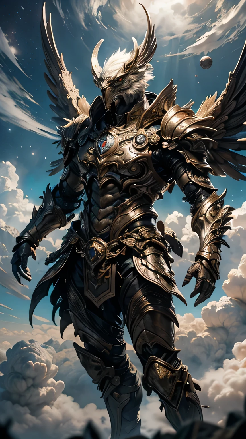 Garuda, (Bird Head:1.3), Very hairy body, Huge body, (Bird talons:1.2), Luxurious Armor, Dynamic pose, Cinematic lighting effects, Being above the clouds, Dynamic composition, (wrapped in cumulonimbus clouds:1.2), Full Plate Armor, , , Cumulonimbus clouds at your feet, In outer space, Handstand, (Break dance:1.1), Big wings on the back, Flying, Both hands are shining, Concentrated line, Orb of Light, , , , , , , , , , ,