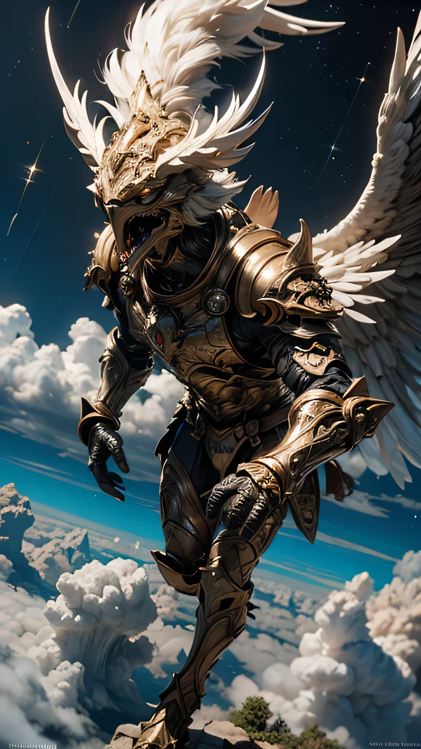 Garuda, (Bird Head:1.3), Very hairy body, Huge body, (Bird talons:1.2), Luxurious Armor, Dynamic pose, Cinematic lighting effects, Being above the clouds, Dynamic composition, (wrapped in cumulonimbus clouds:1.2), Full Plate Armor, , , Cumulonimbus clouds at your feet, In outer space, Handstand, (Break dance:1.1), Big wings on the back, Flying, Both hands are shining, Concentrated line, Orb of Light, , , , , , , , , , ,