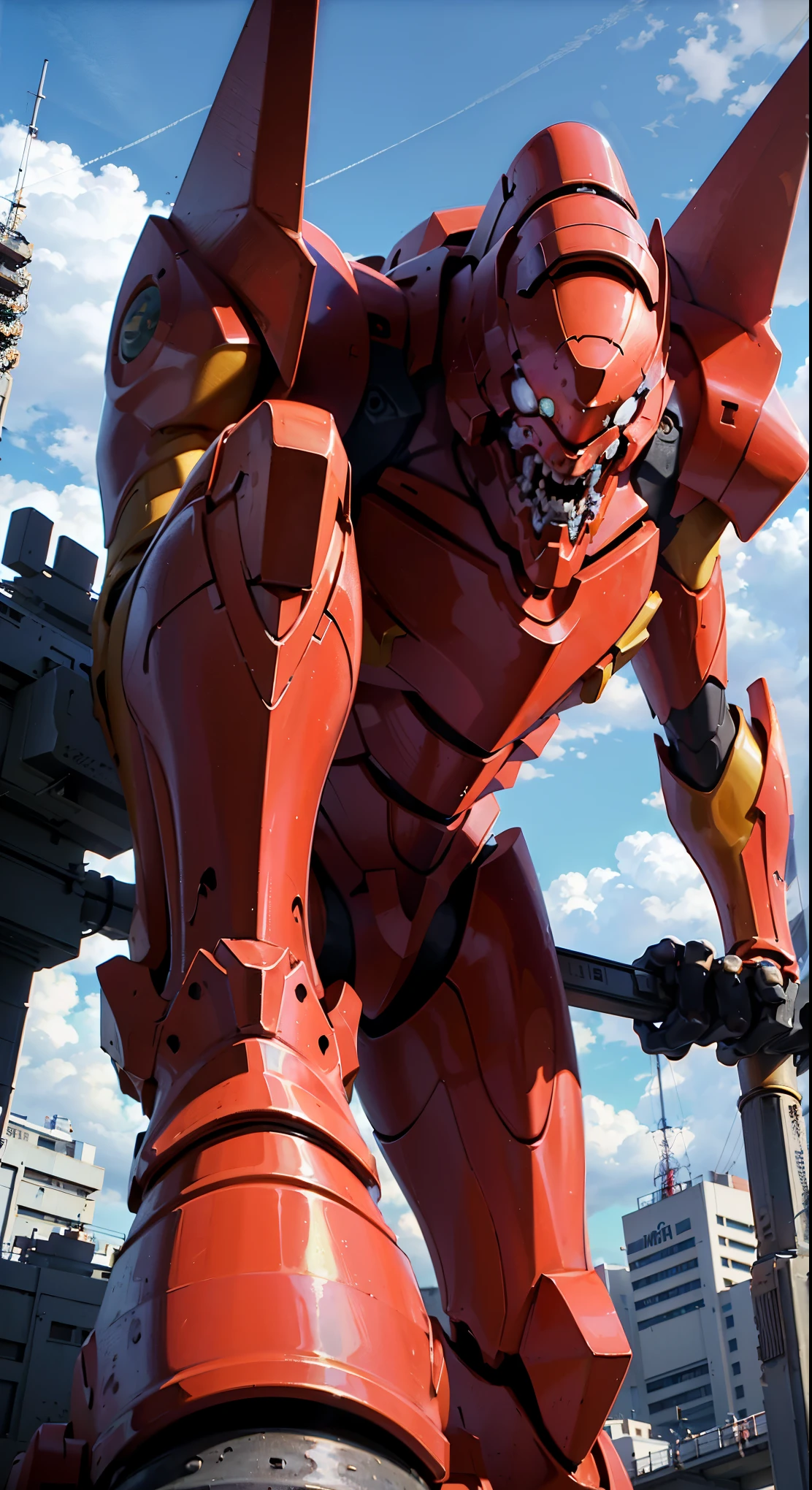 (best quality, 4k, ultra-detailed, highres, masterpiece:1.2), robotic humanoid giant (Eva 02) standing with one foot on top of a building in Tokyo, with an open mouth revealing intricate and detailed teeth and tongue, cables protruding from its back, and a slim and organic body covered in metallic armor, longinus spear in hand, heavenly wing, smoke, tall long and thin