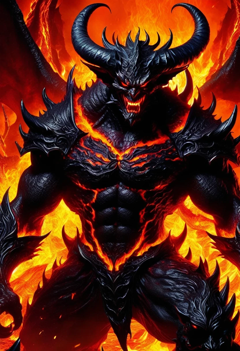 (high quality, detailed, Practical:1.37), (fear, dark, Diabolical) (1 demon,Its body is made of lava.:1.5)。Lava Demon and Demon Knight fight in Hell's Court. A bride, (quilt locked; quilt; boundary) Standing high, With flowing lava, Lava Falls, crack, Between viscous liquids (skull, skeleton) Scattered on the ground.Connects the shoulder blade and ankle